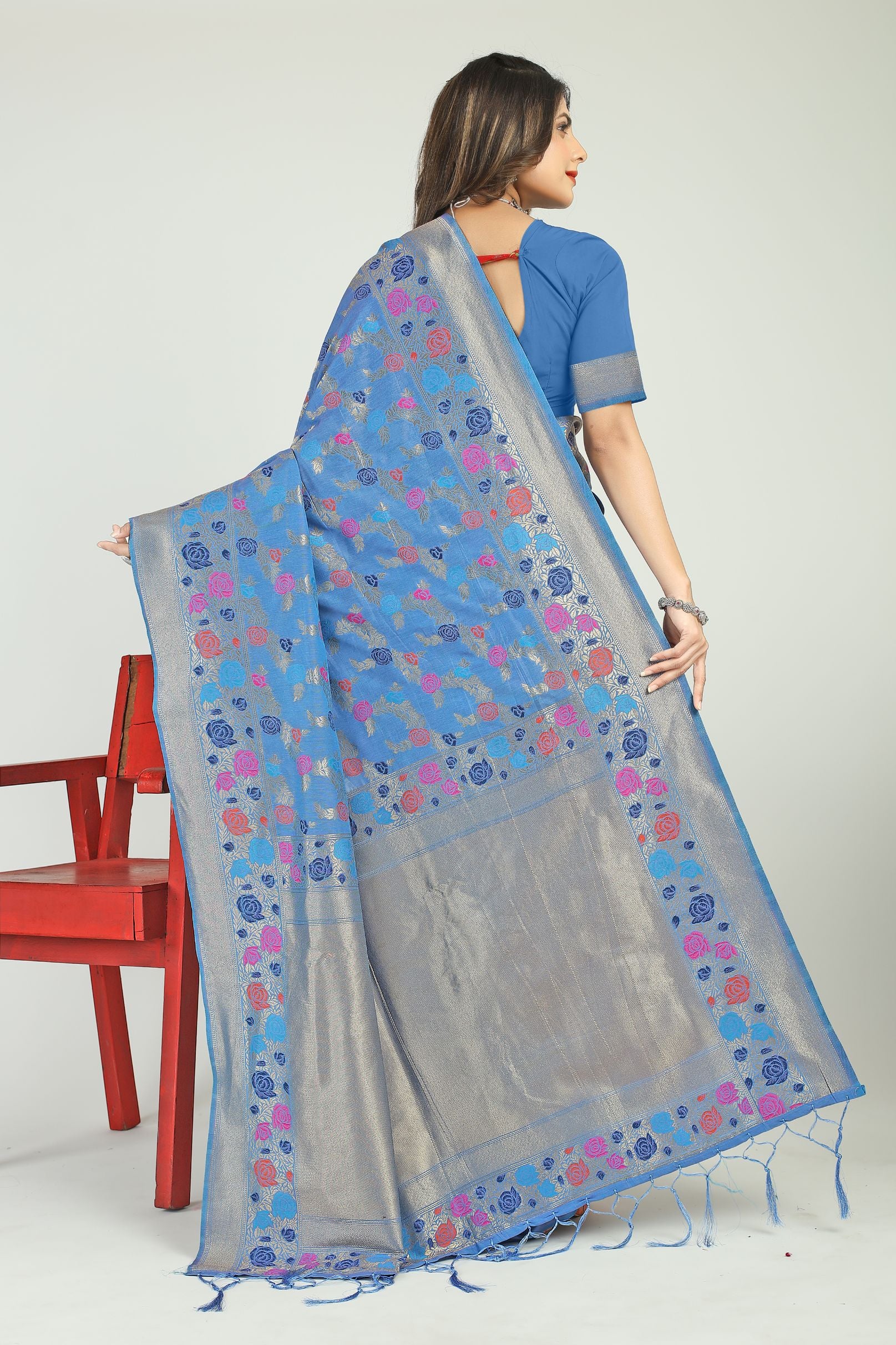 Sky Blue Toned Designer Linen Silk Saree Beautiful Meenakari Rose Design and Designer Pallu.