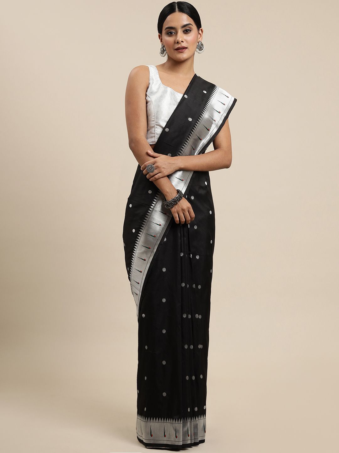 Black Color Pure silk Paithani saree silver zari weaving work With Muniya Bodar And Gorgeous Nath Pallu & Blouse