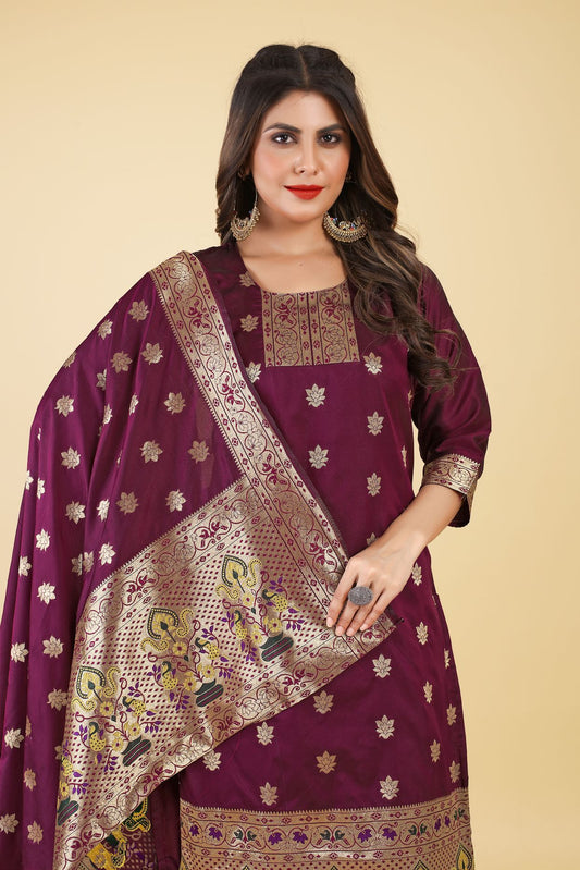 Paithani Silk With Zari Weaving Salwar Suit ( Unstitched ) Wine