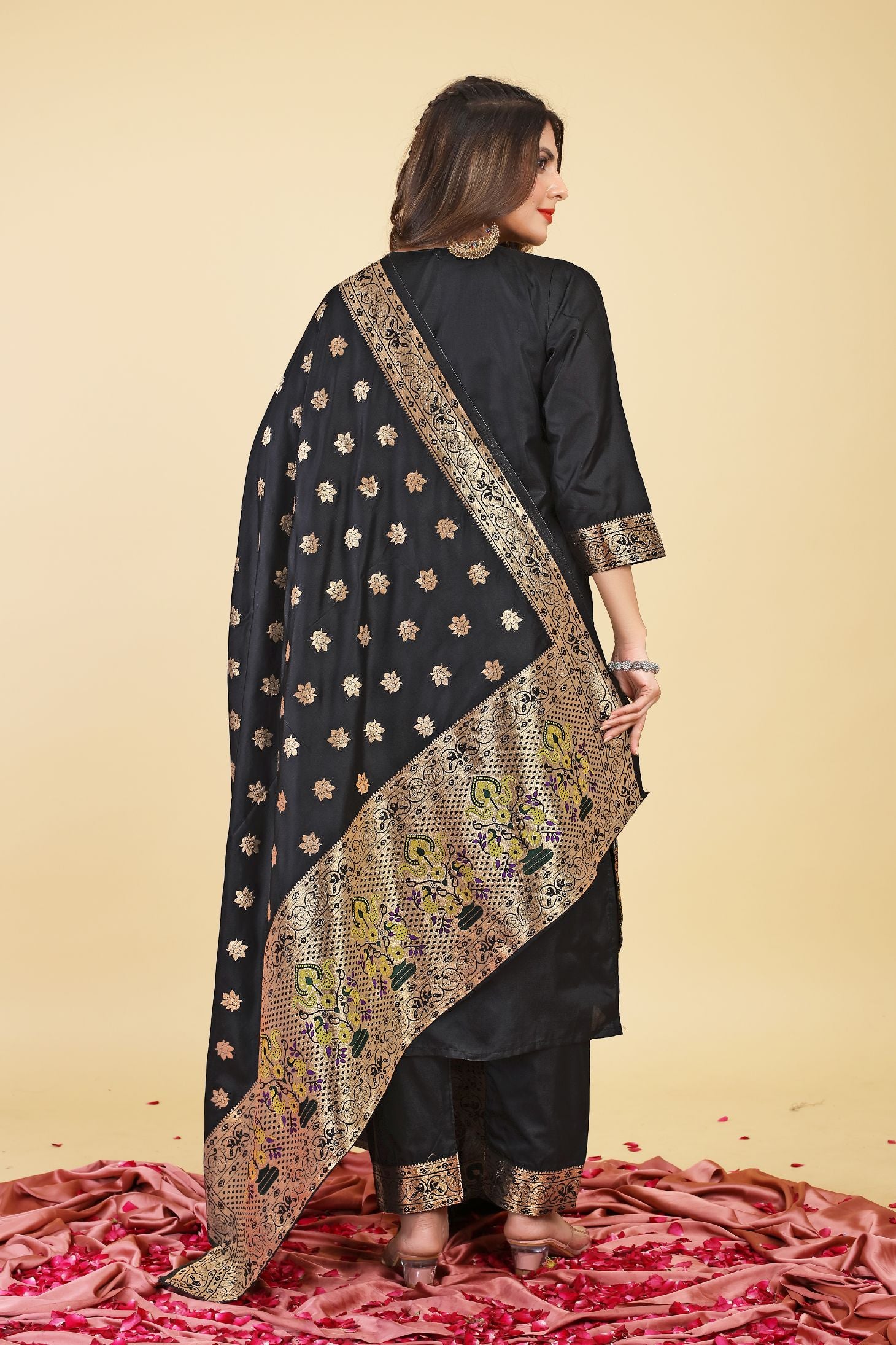 Black Color Ladies Unstich suit dress material in Paithani Style