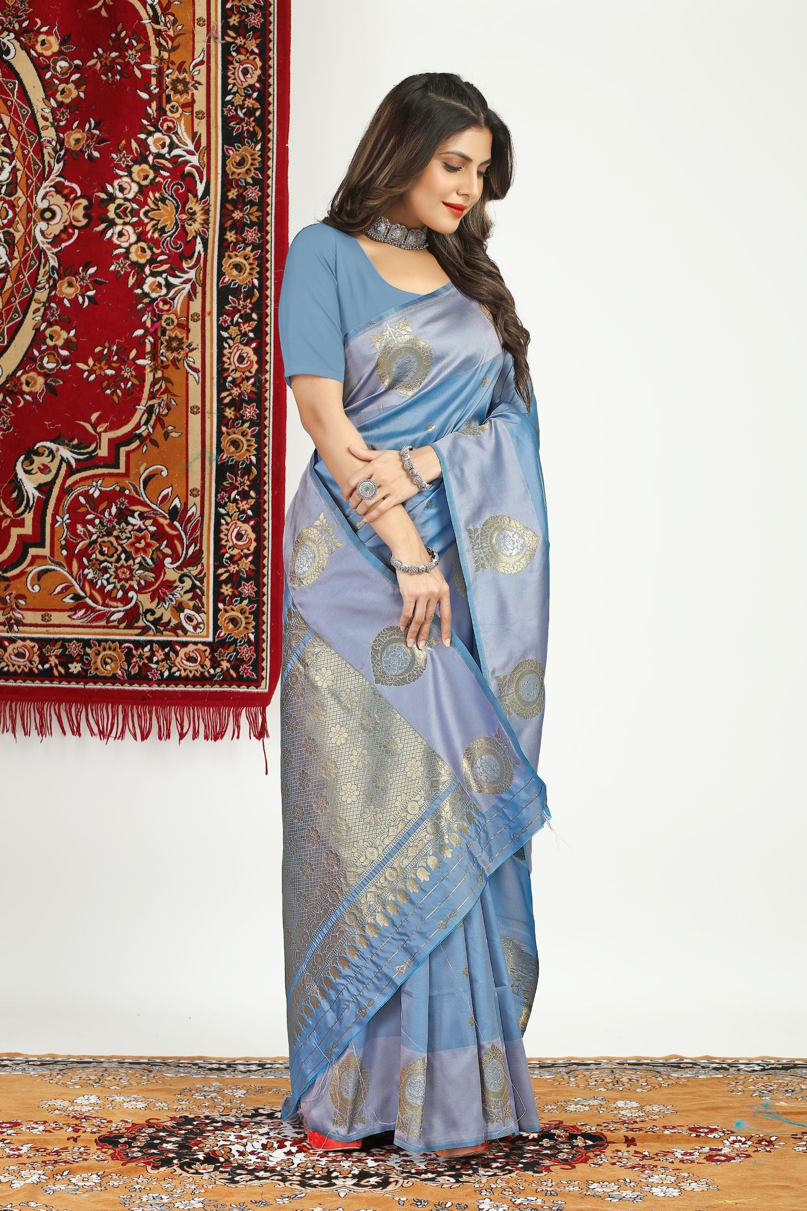 Grey Color Designer Heavy Look Banarasi Silk Saree Silver Gold Zari Weaving Work And