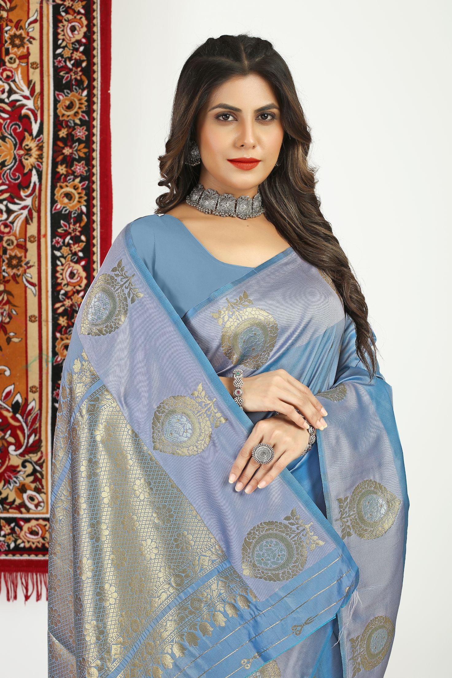 Grey Color Designer Heavy Look Banarasi Silk Saree Silver Gold Zari Weaving Work And