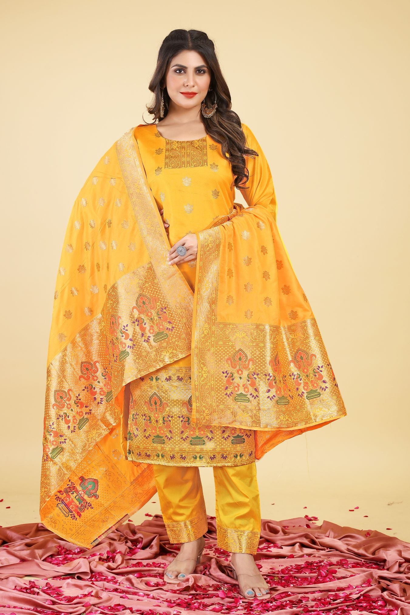 Paithani Silk With Zari Weaving Salwar Suit ( Unstitched ) Yellow