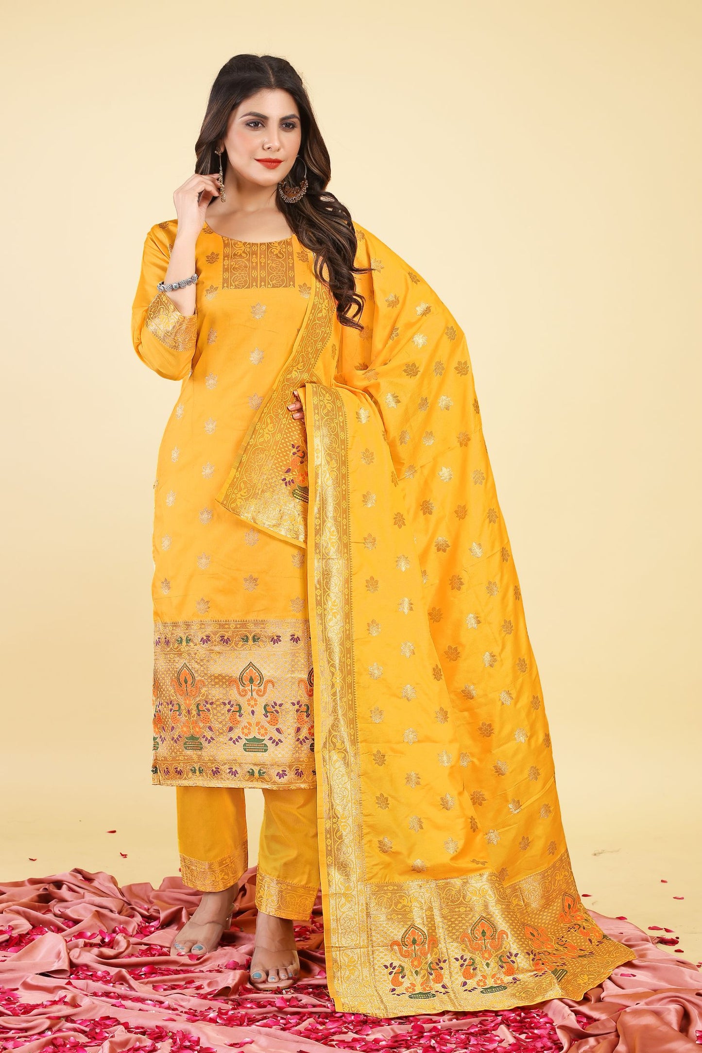 Paithani Silk With Zari Weaving Salwar Suit ( Unstitched ) Yellow