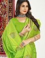 Pista Green Color Designer Heavy Look Banarasi Silk Saree Silver Gold Zari Weaving Work And