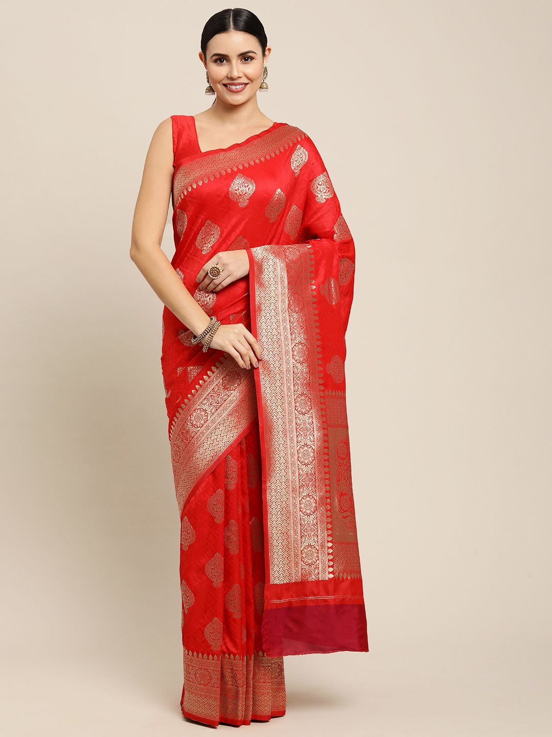 Red Color Festive Banarasi Silk Emboss Design Saree and Gold Zari Weaving Work