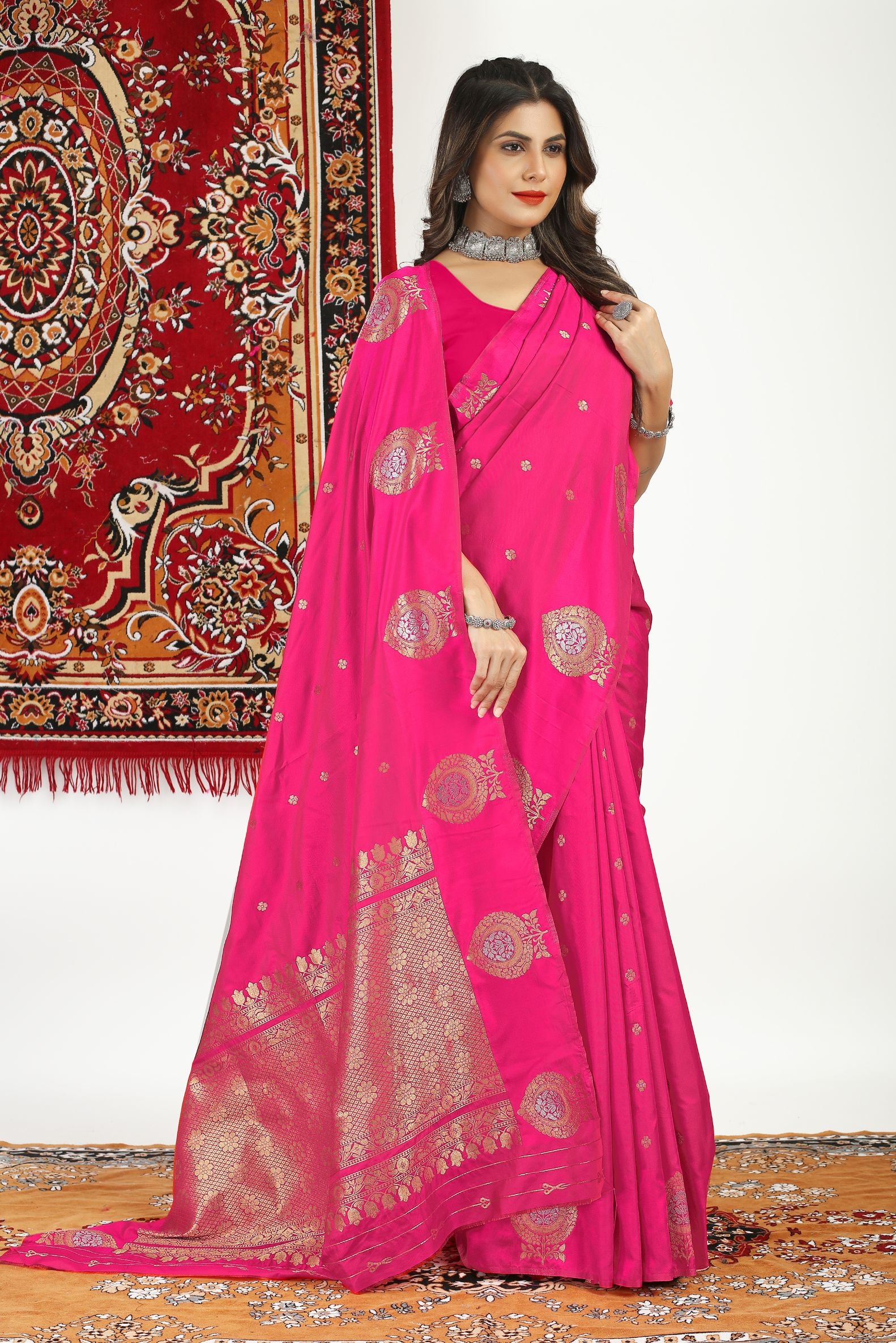Pink Color Designer Heavy Look Banarasi Silk Saree Silver Gold Zari Weaving Work And