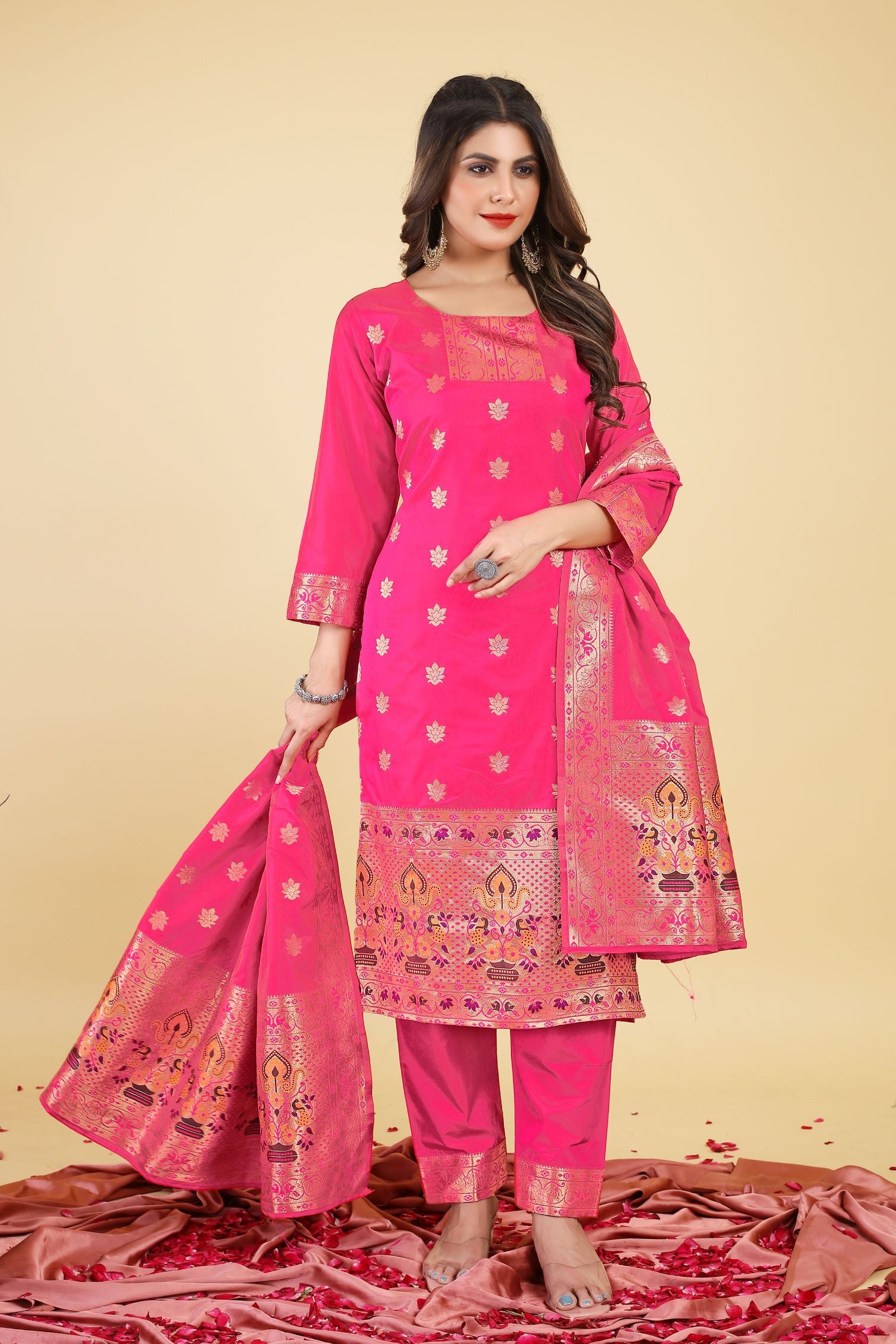 Pink Color Ladies Unstich suit dress material in Paithani Style