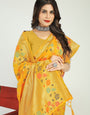 Yellow Toned Designer Linen Silk Saree Beautiful Meenakari Rose Design and Designer Pallu.