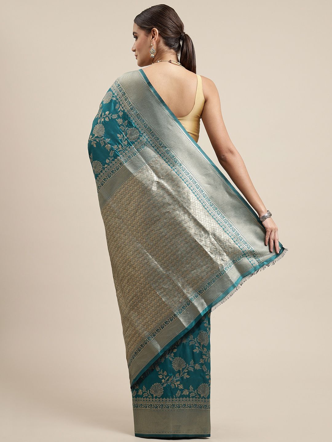 Steel Rama Color Banarasi Silk Saree Gorgeous Jal Concept