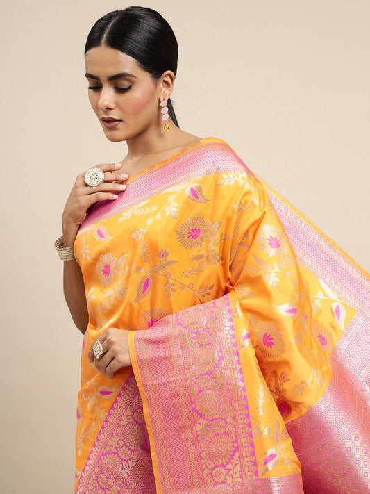 Yellow Color Designer Banarasi Silk Saree With Meenkari Work Design