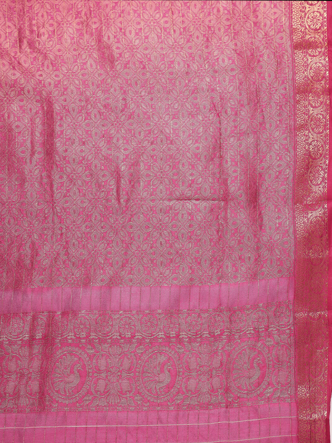 Pink color  linen silk saree gold and silver zari weaving work with rich pallu