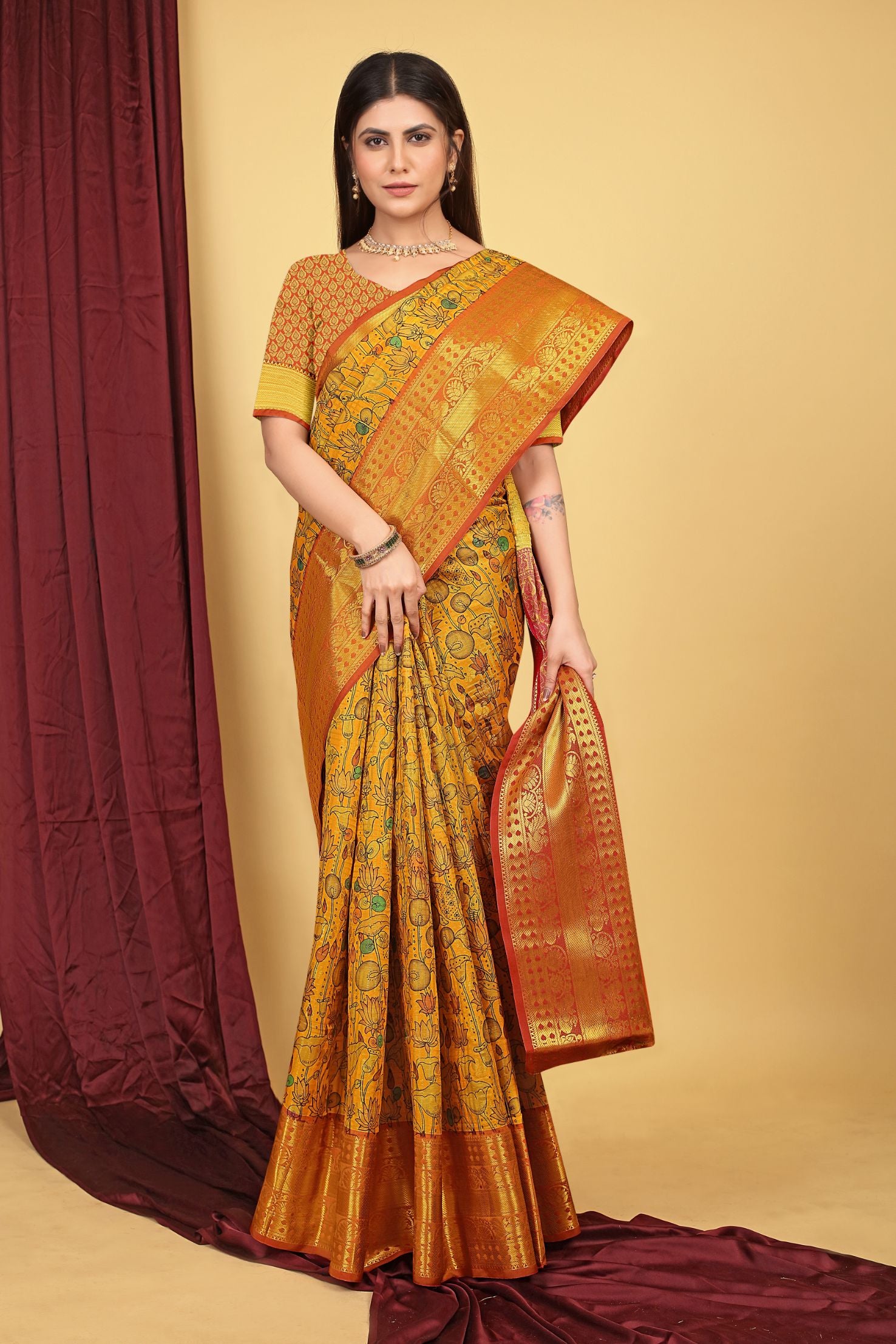 Yellow Color Kalamkari Pattu Silk Saree Beautiful Design Work Body and Pallu