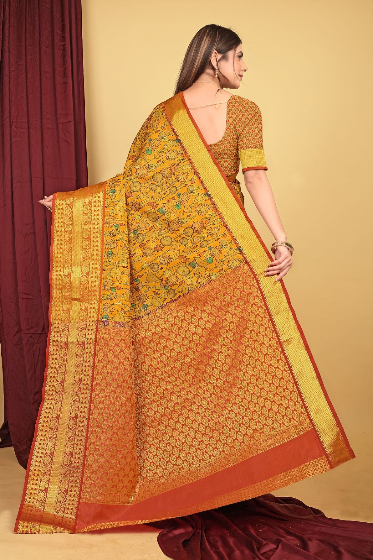 Yellow Color Kalamkari Pattu Silk Saree Beautiful Design Work Body and Pallu
