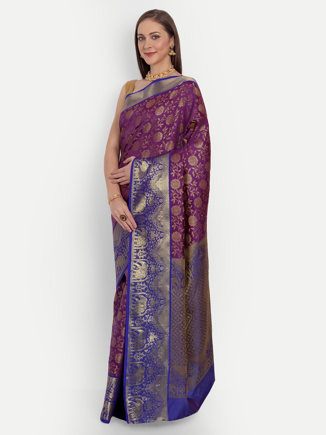 Purple And Gold Zari Toned Wedding Kanchipuram Pattu Silk Saree