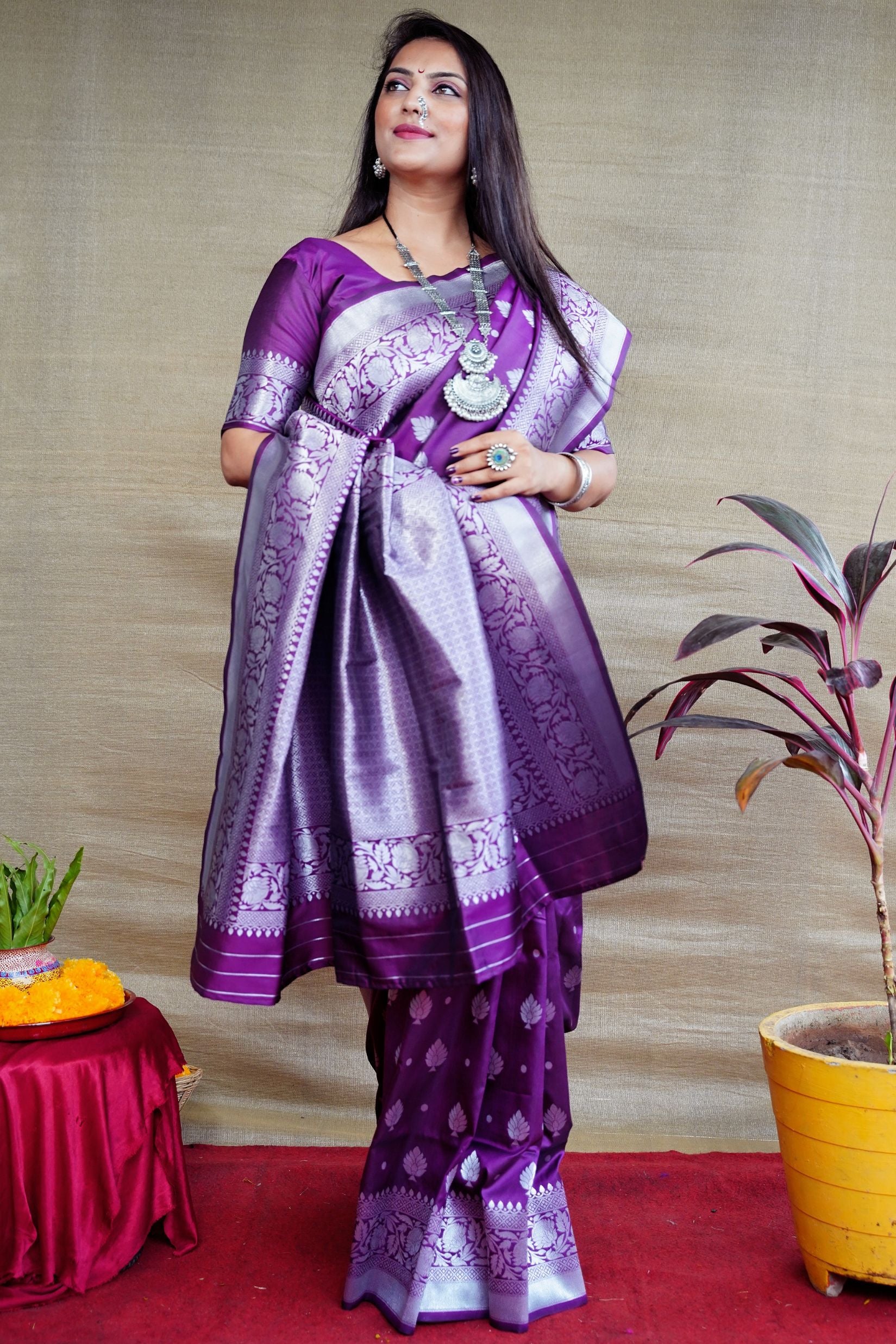 Wine Soft Silk Latest Banarasi Saree and Silver Zari Weaving With Blouse