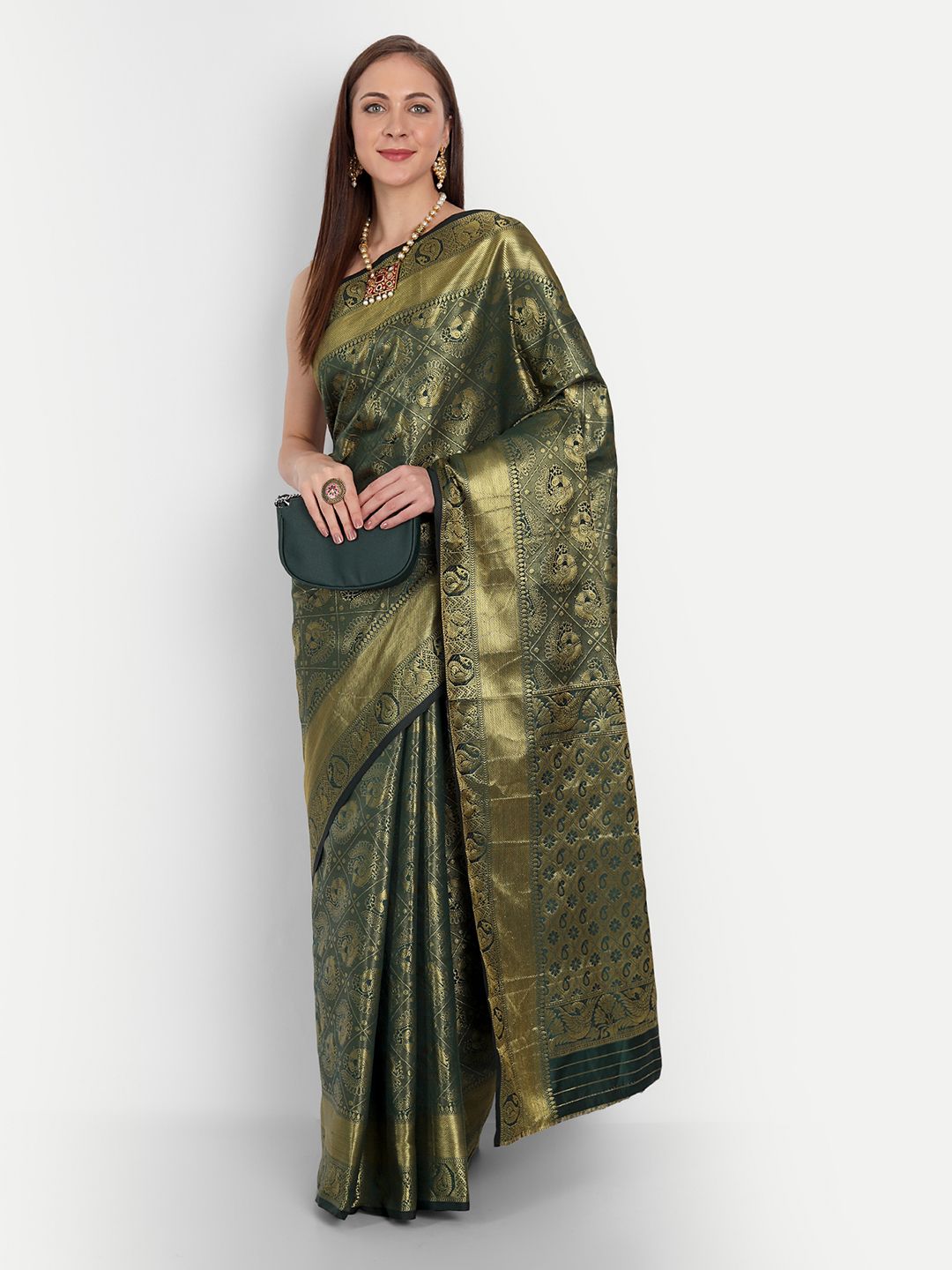 Green Color Pure Kanjivaram Silk Saree With Gold Zari Weaving Work  And Rich Pallu