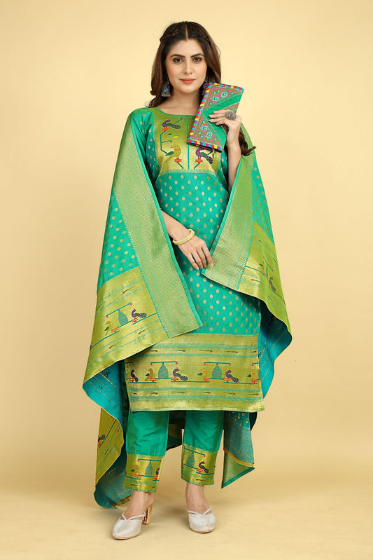 Paithani Silk With Zari Weaving Salwar Suit ( Unstitched ) Green