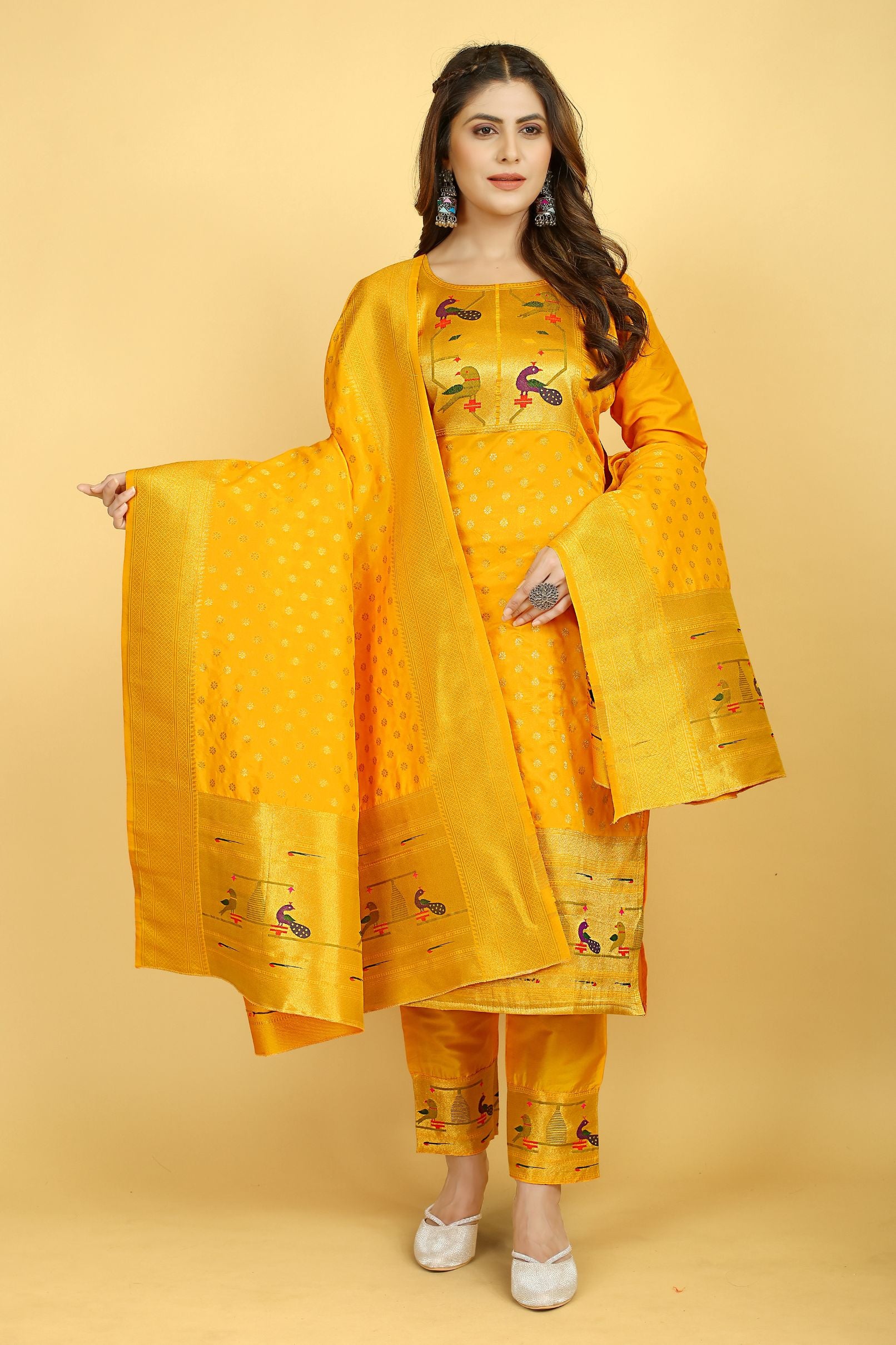 Yellow Color latest indian suits fashion in zari weaving work suits in Paithani Style