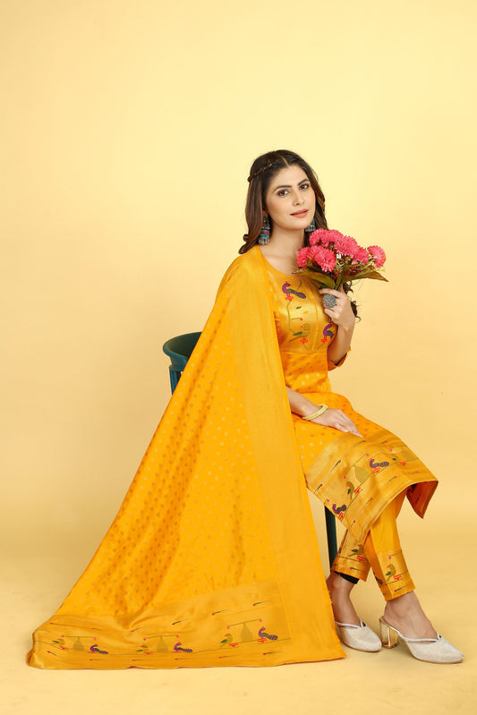 Paithani Silk With Zari Weaving Salwar Suit ( Unstitched ) Yellow