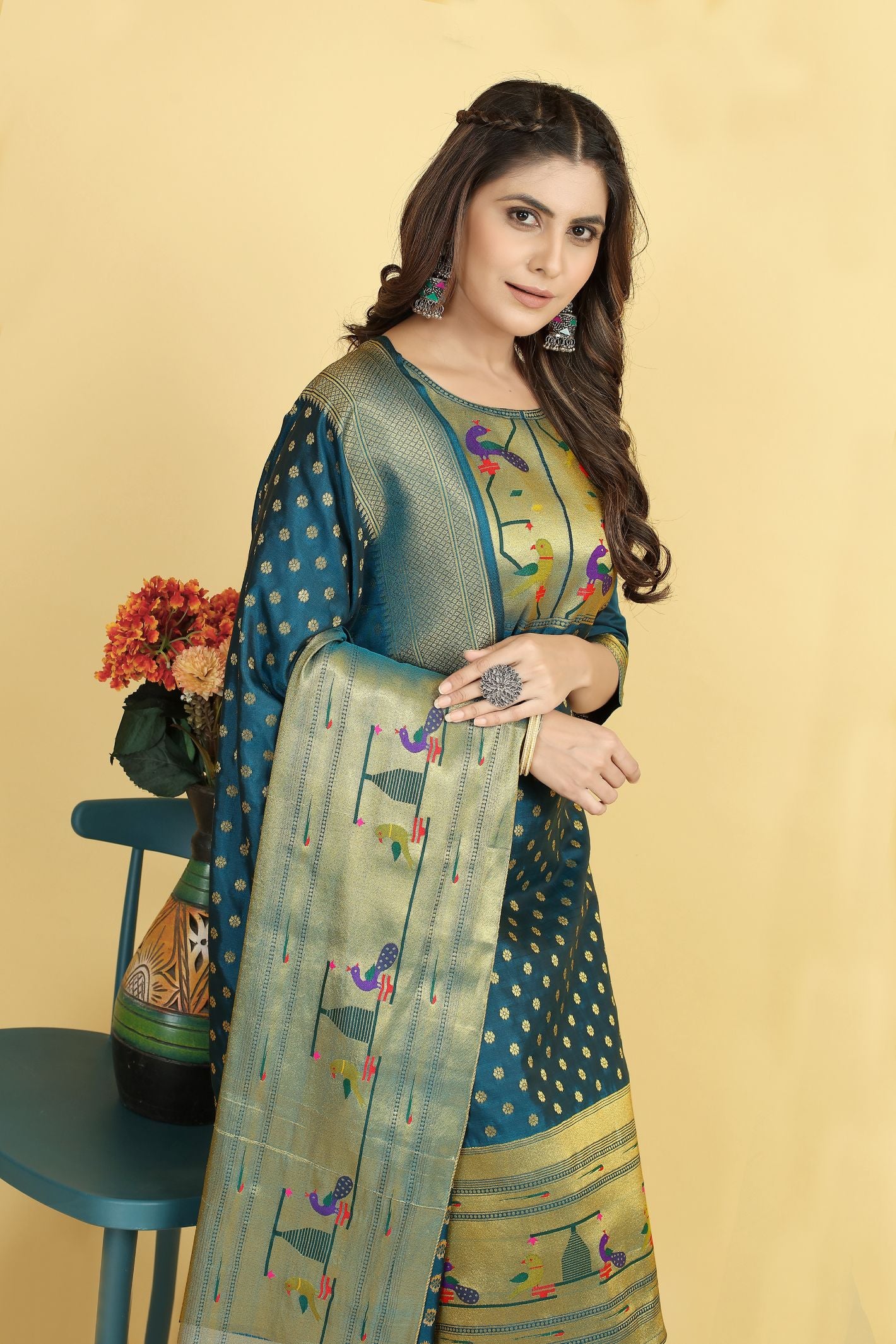 Rama Color latest indian suits fashion in zari weaving work suits in Paithani Style
