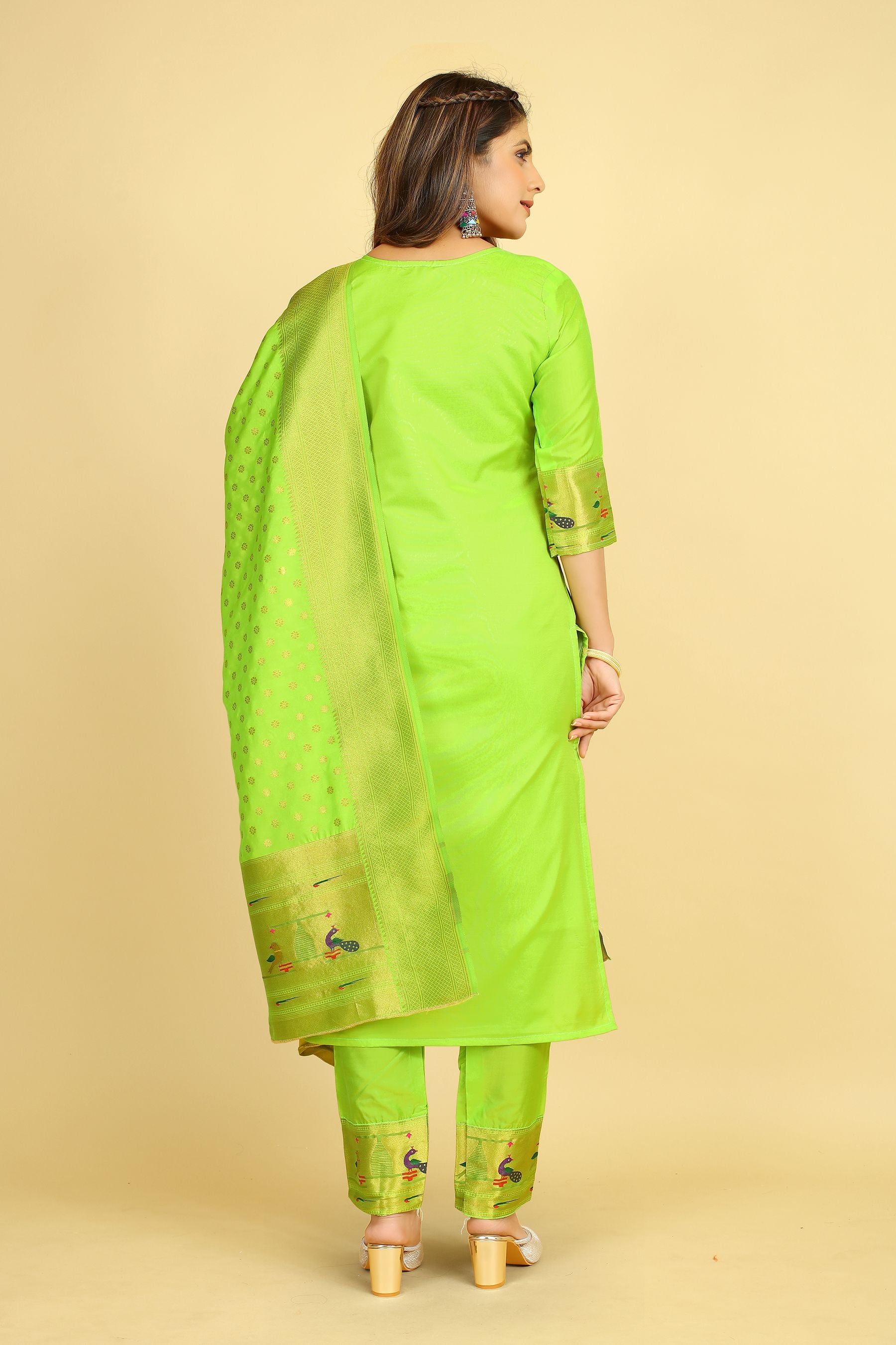 Lemon Green Color latest indian suits fashion in zari weaving work suits in Paithani Style