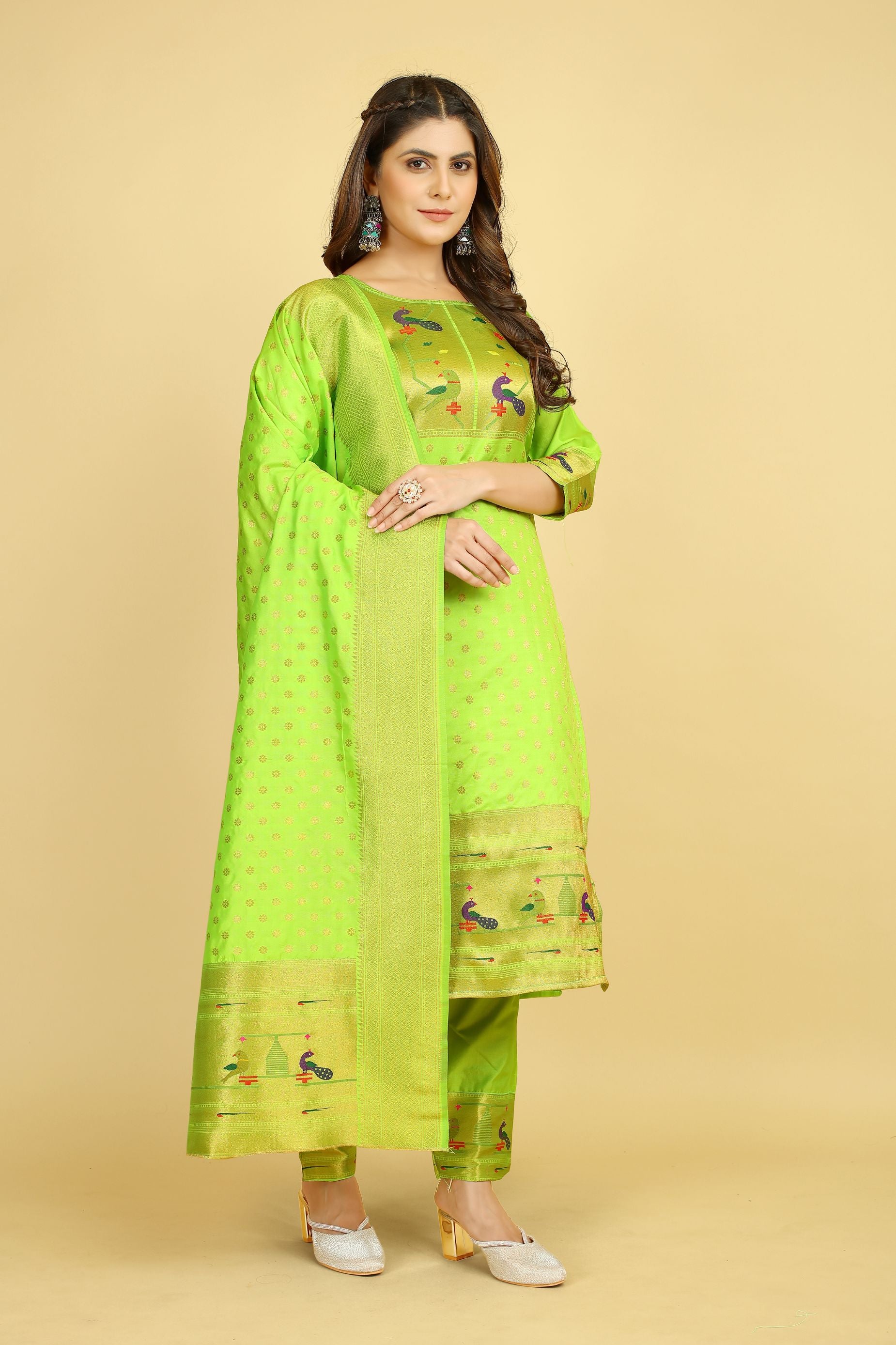 Lemon Green Color latest indian suits fashion in zari weaving work suits in Paithani Style