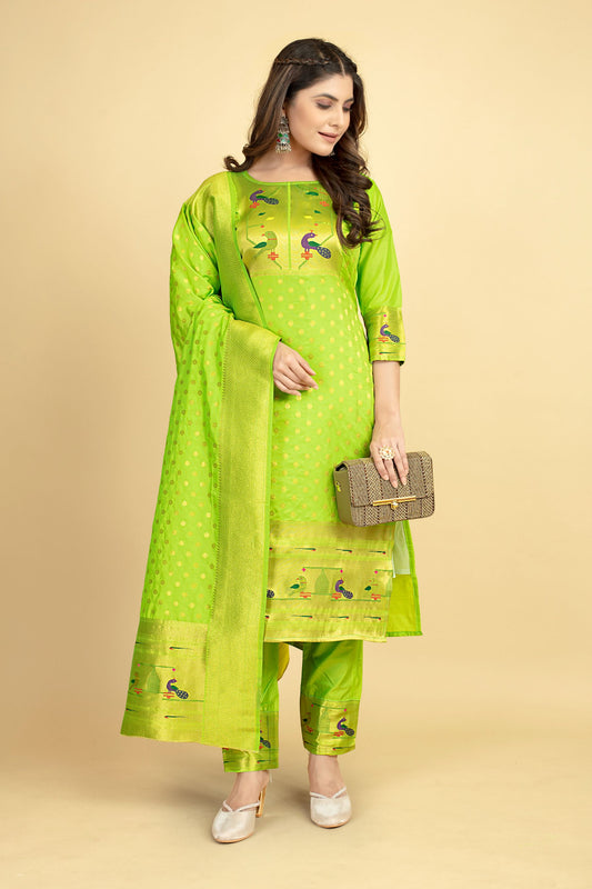 Paithani Silk With Zari Weaving Salwar Suit ( Unstitched ) Lemon