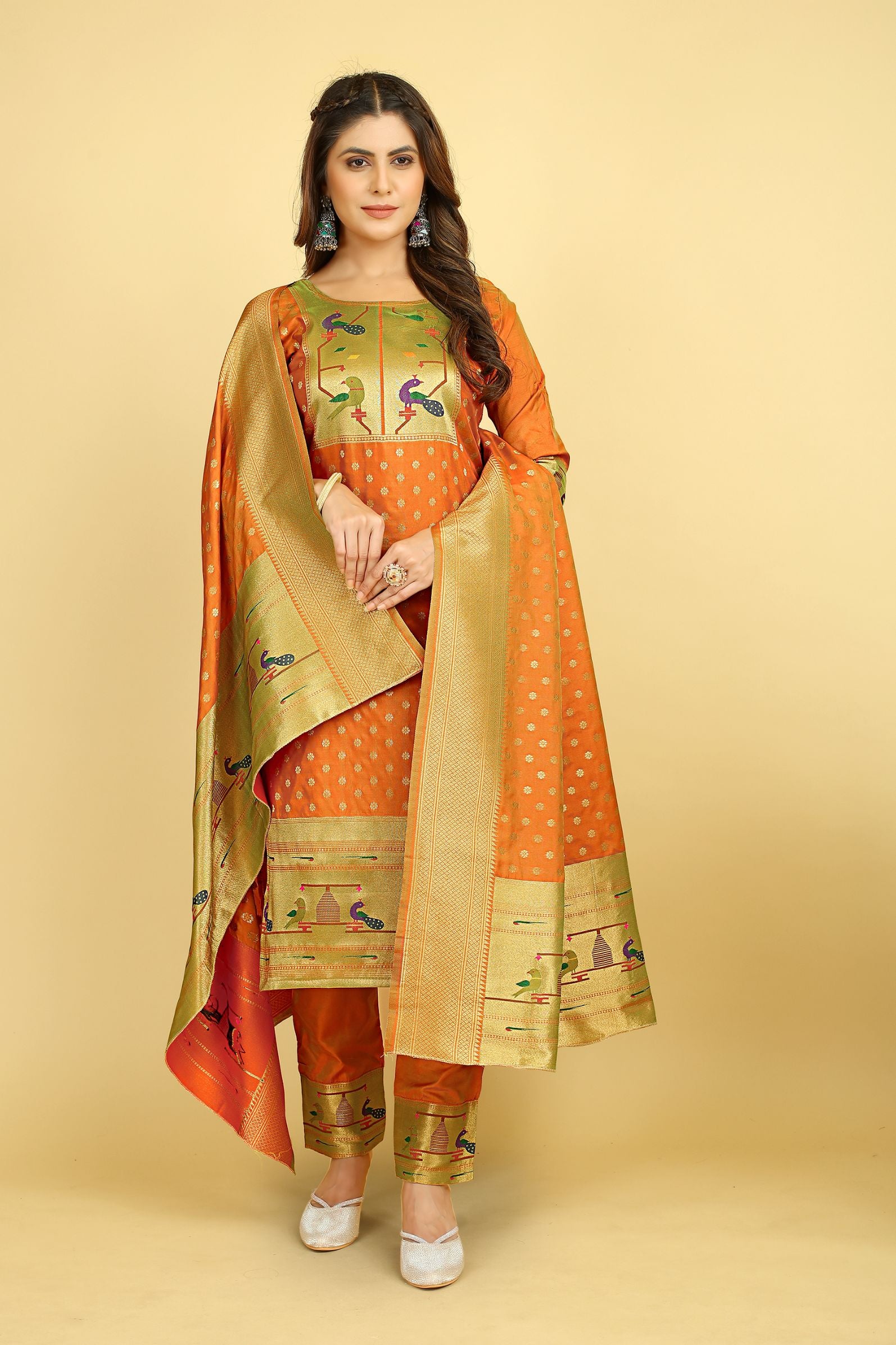 Orange Color latest indian suits fashion in zari weaving work suits in Paithani Style