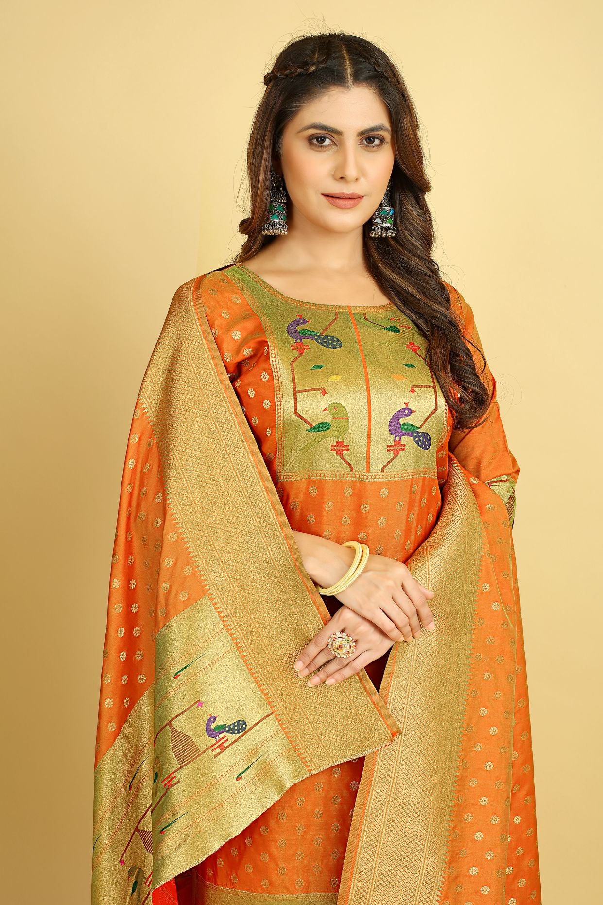 Orange Color latest indian suits fashion in zari weaving work suits in Paithani Style