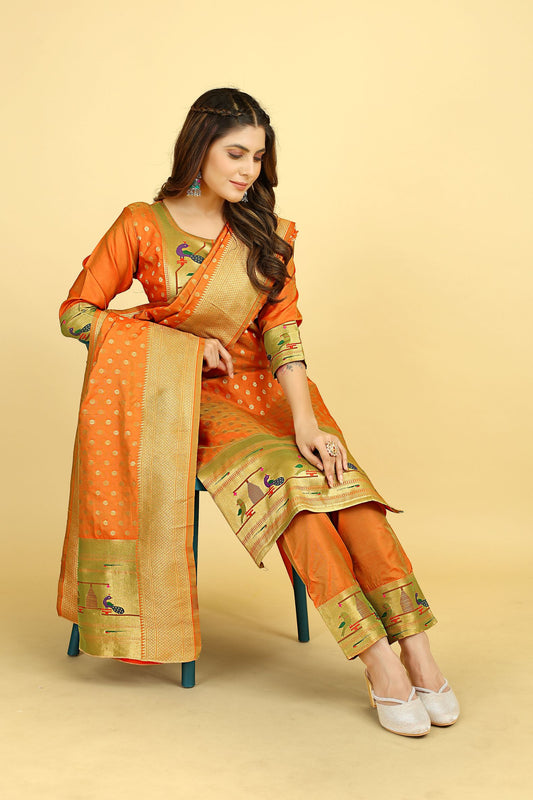 Paithani Silk With Zari Weaving Salwar Suit ( Unstitched ) Orange