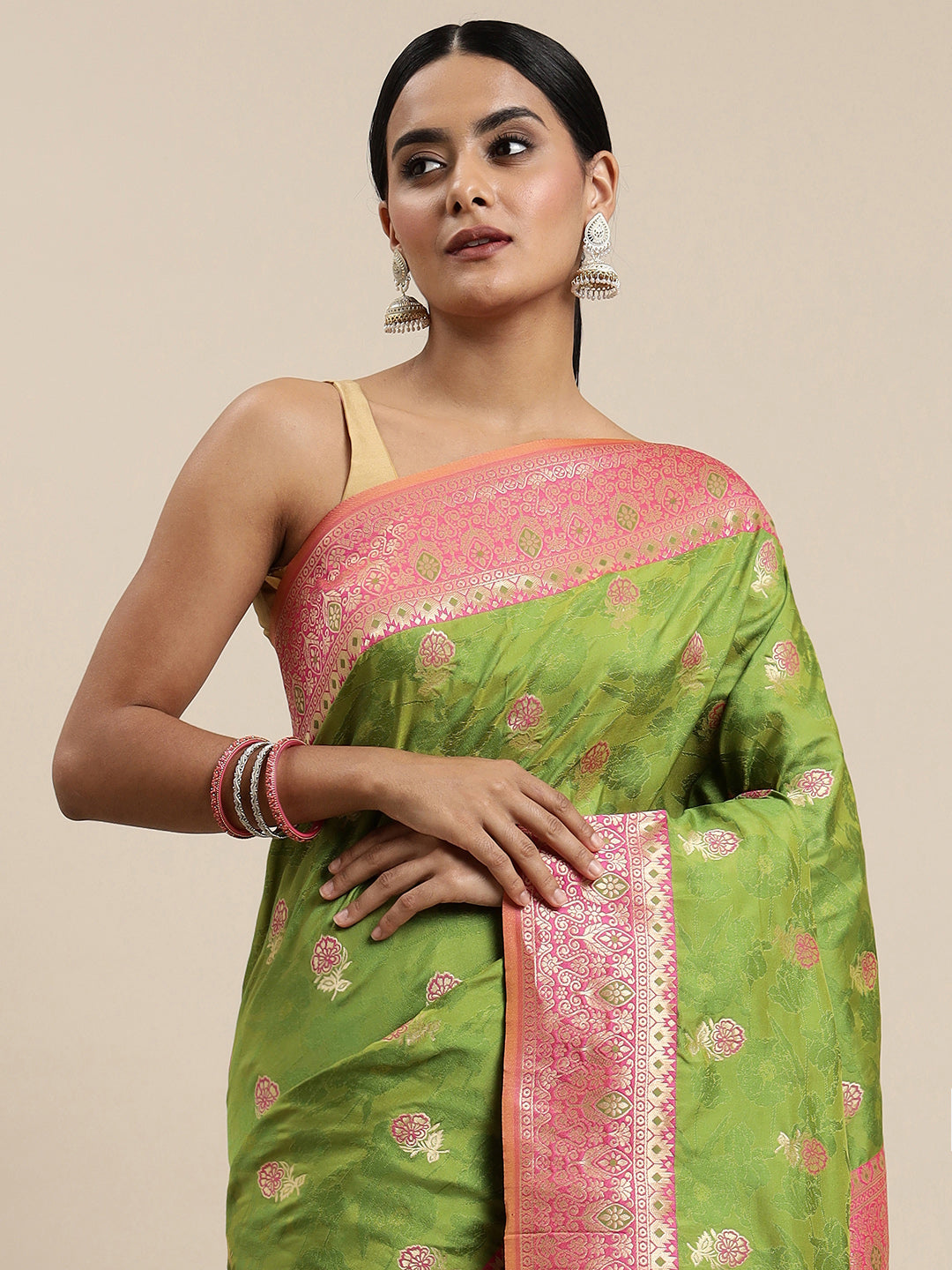 Pista Green Color Heavy Banarasi silk Emboss Saree Gorgeous all over Body Design
