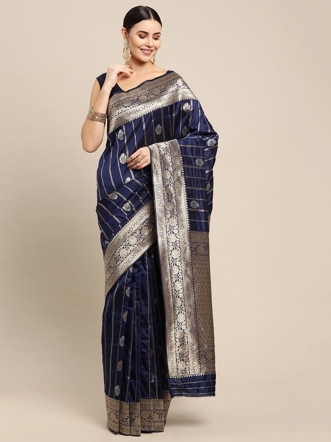 Navy blue Color Bollywood Banarasi Silk Saree and Silver and Gold Zari Weaving Work - Indian Wedding Collection