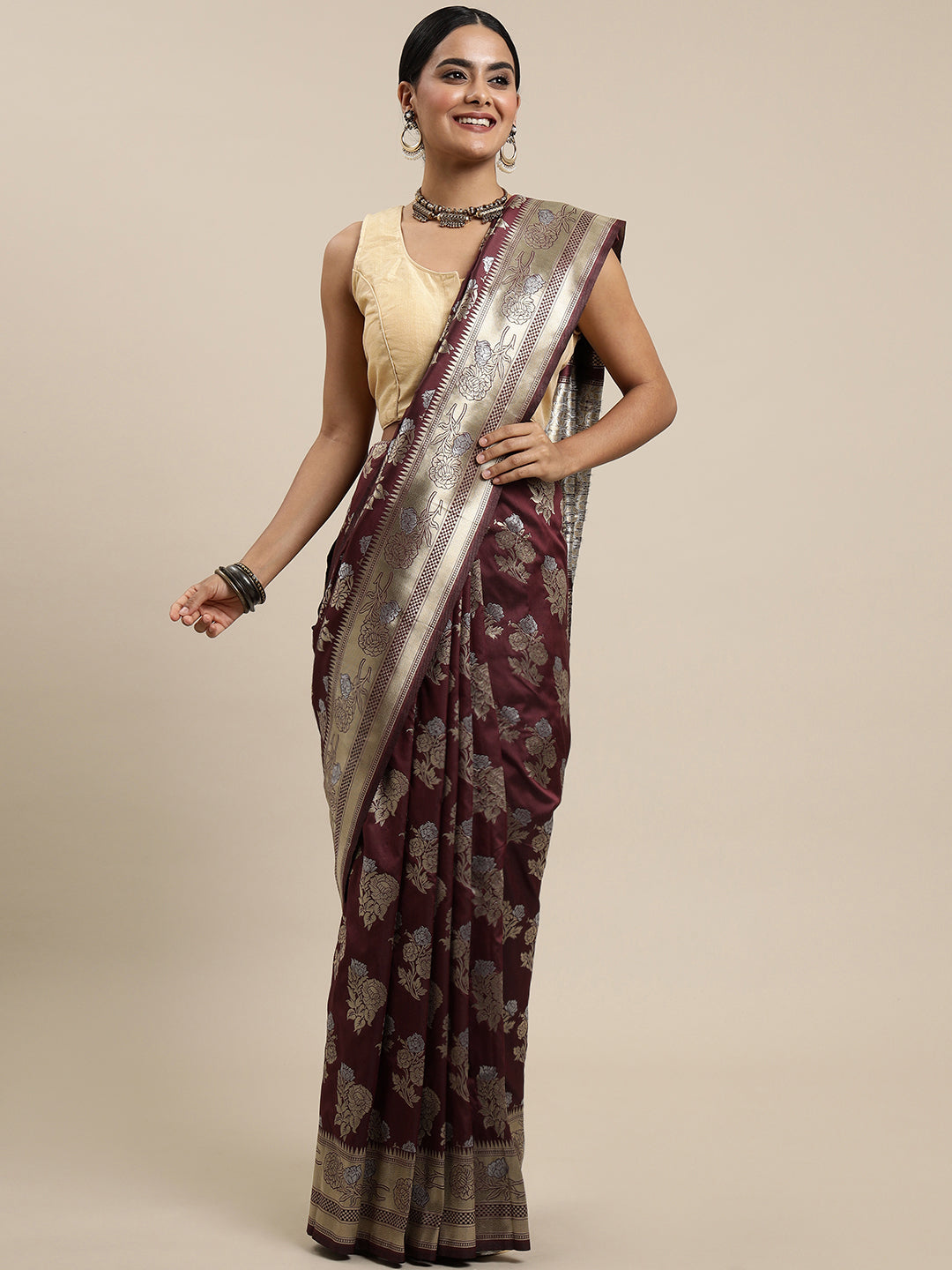 Maroon Color Latest Bollywood Collection Banarasi Silk Saree Silver And Gold Toned Zari Weaving Work With Blouse