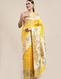 Yellow Toned Partywear Banarasi Silk Saree Color Ful Meenakari Woven Design And Designer Rich Pallu