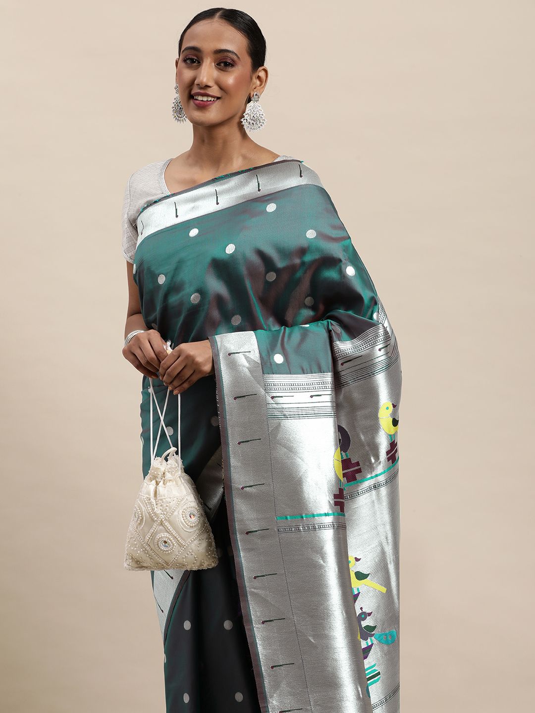 rama color silver zari new paithani saree for woman