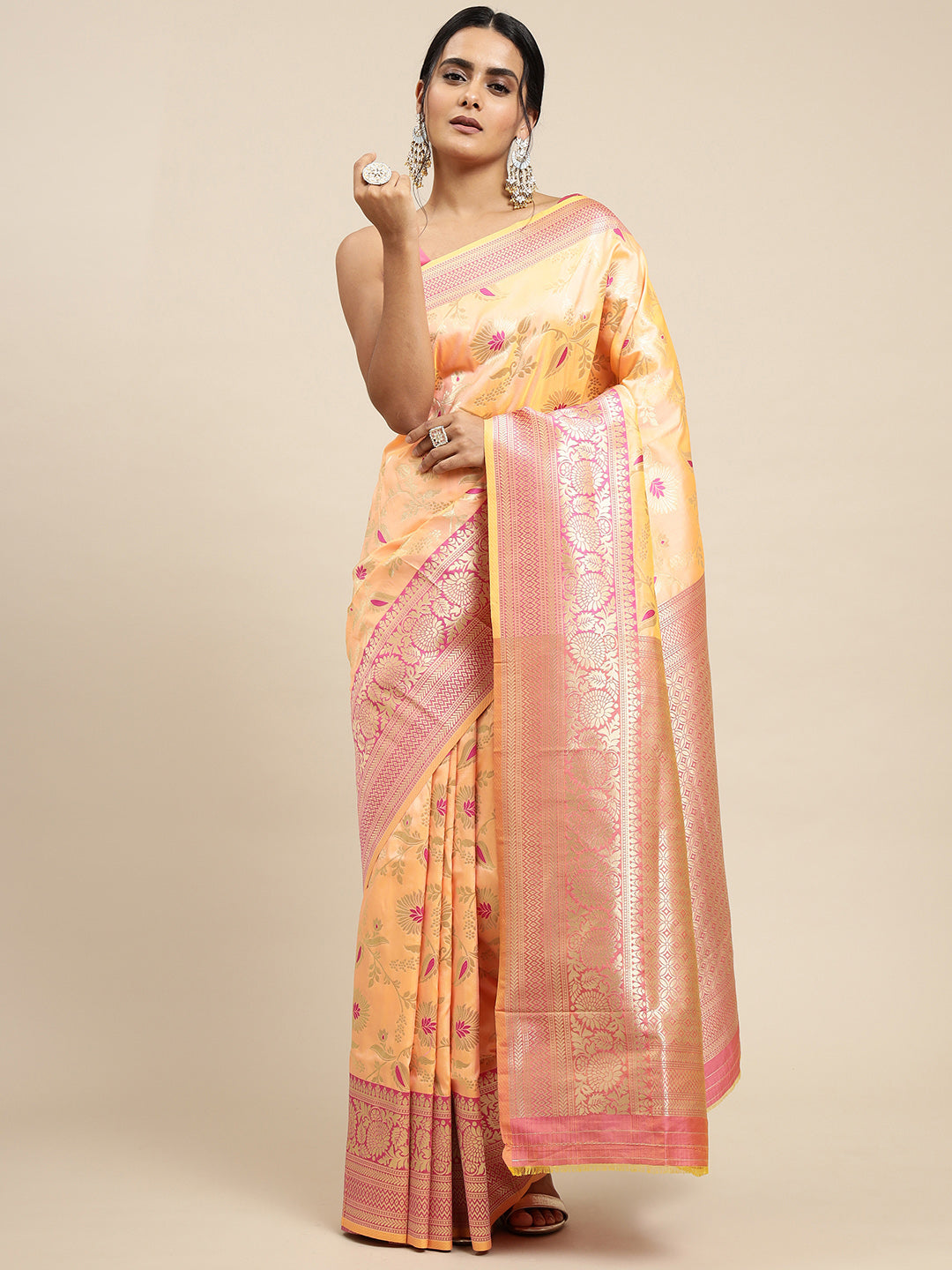 Cream  color Designer Banarasi silk saree with meenkari work design
