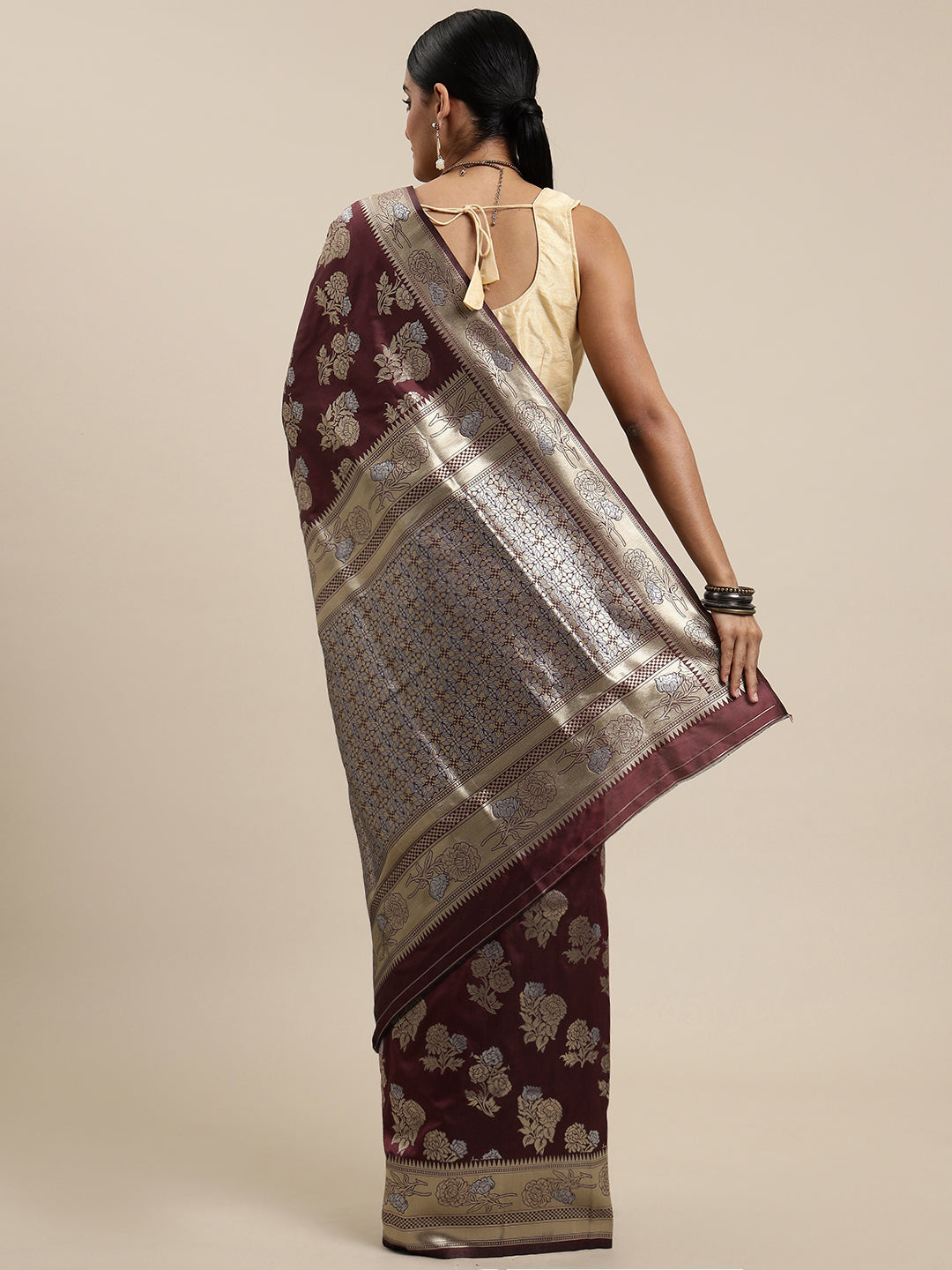 Maroon Color Latest Bollywood Collection Banarasi Silk Saree Silver And Gold Toned Zari Weaving Work With Blouse