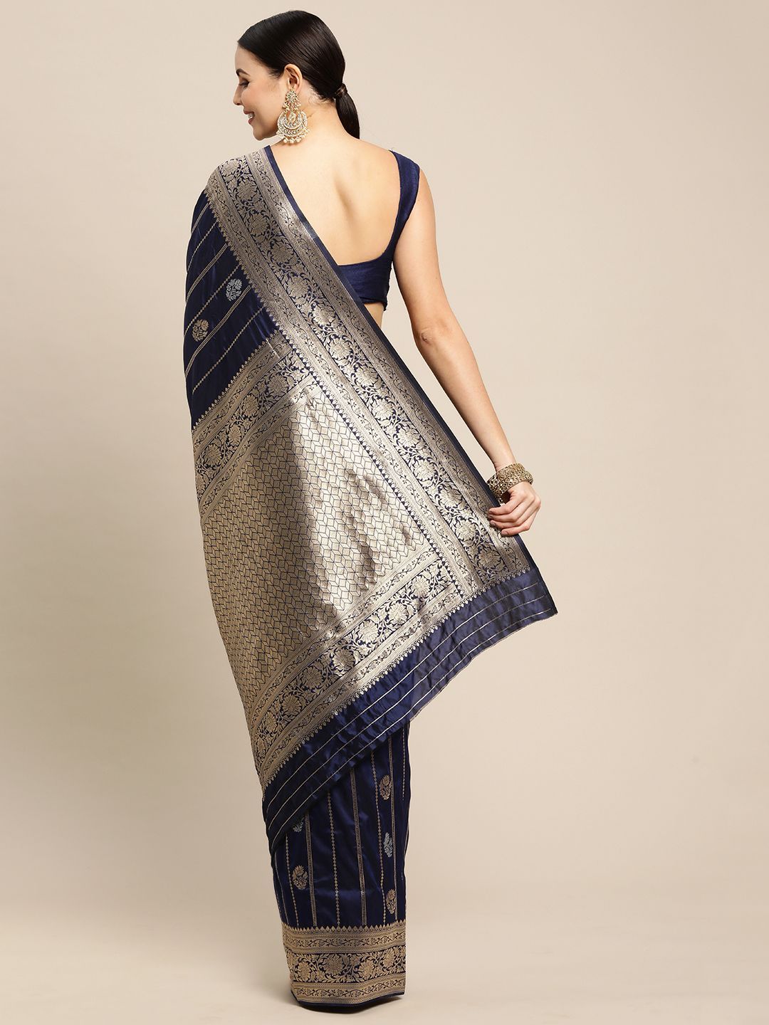 Navy blue Color Bollywood Banarasi Silk Saree and Silver and Gold Zari Weaving Work - Indian Wedding Collection