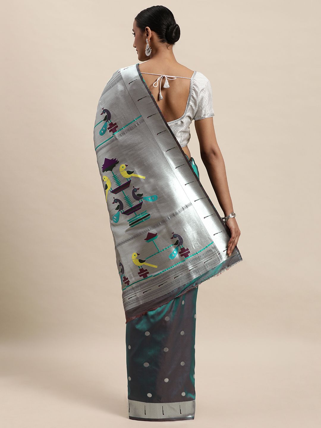 rama color silver zari new paithani saree for woman