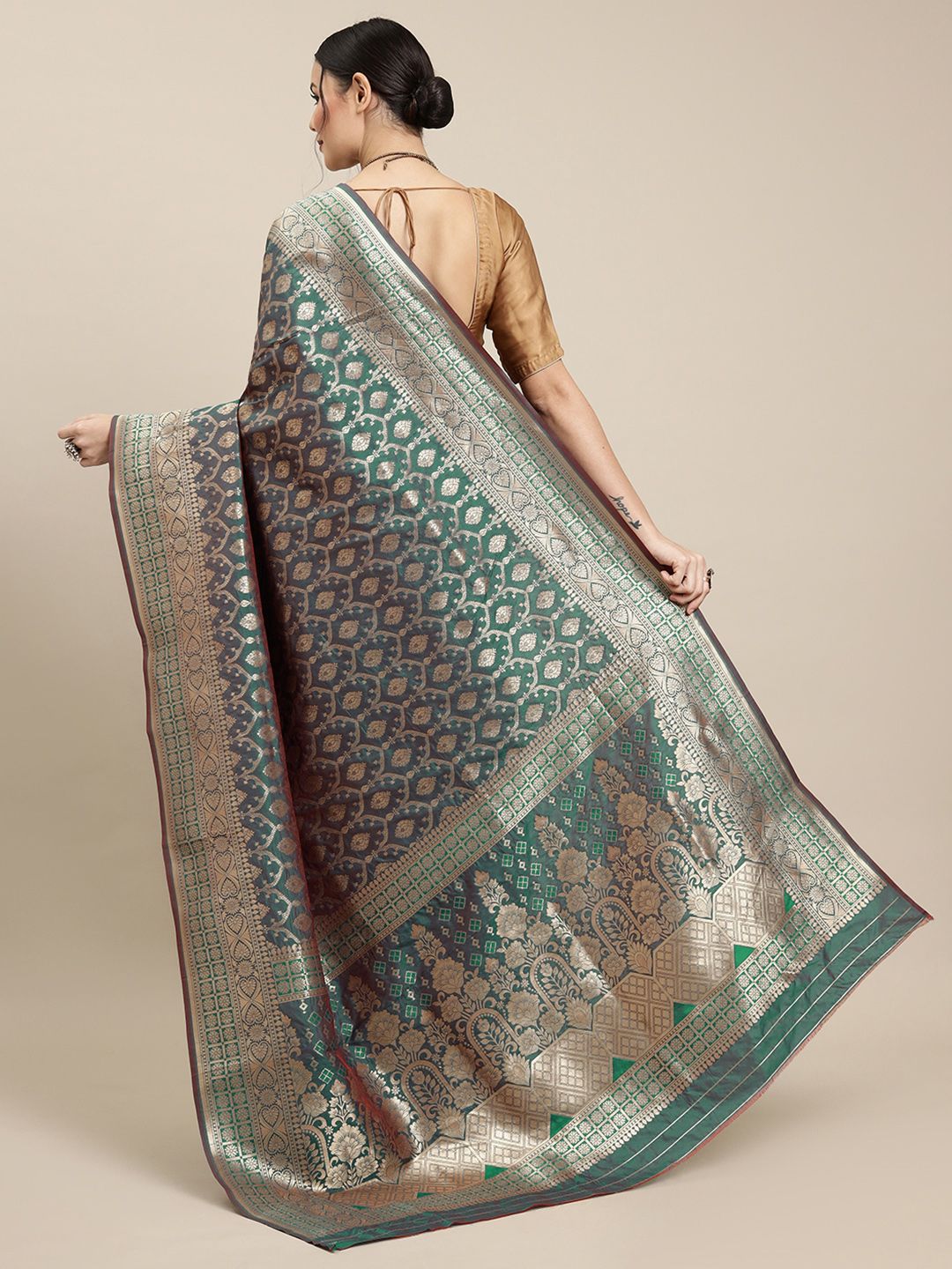 Steel Rama Color Traditional Banarasi Silk Sarees In Bollywood Style