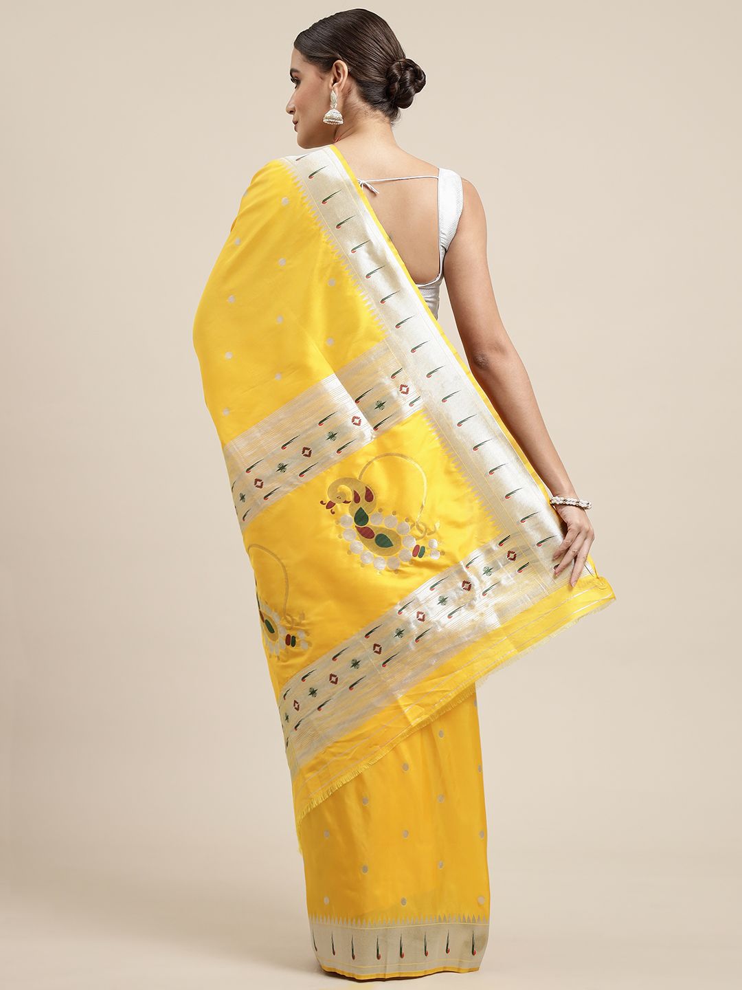 Yellow Color Pure silk Paithani saree silver zari weaving work With Muniya Bodar And Gorgeous Nath Pallu & Blouse