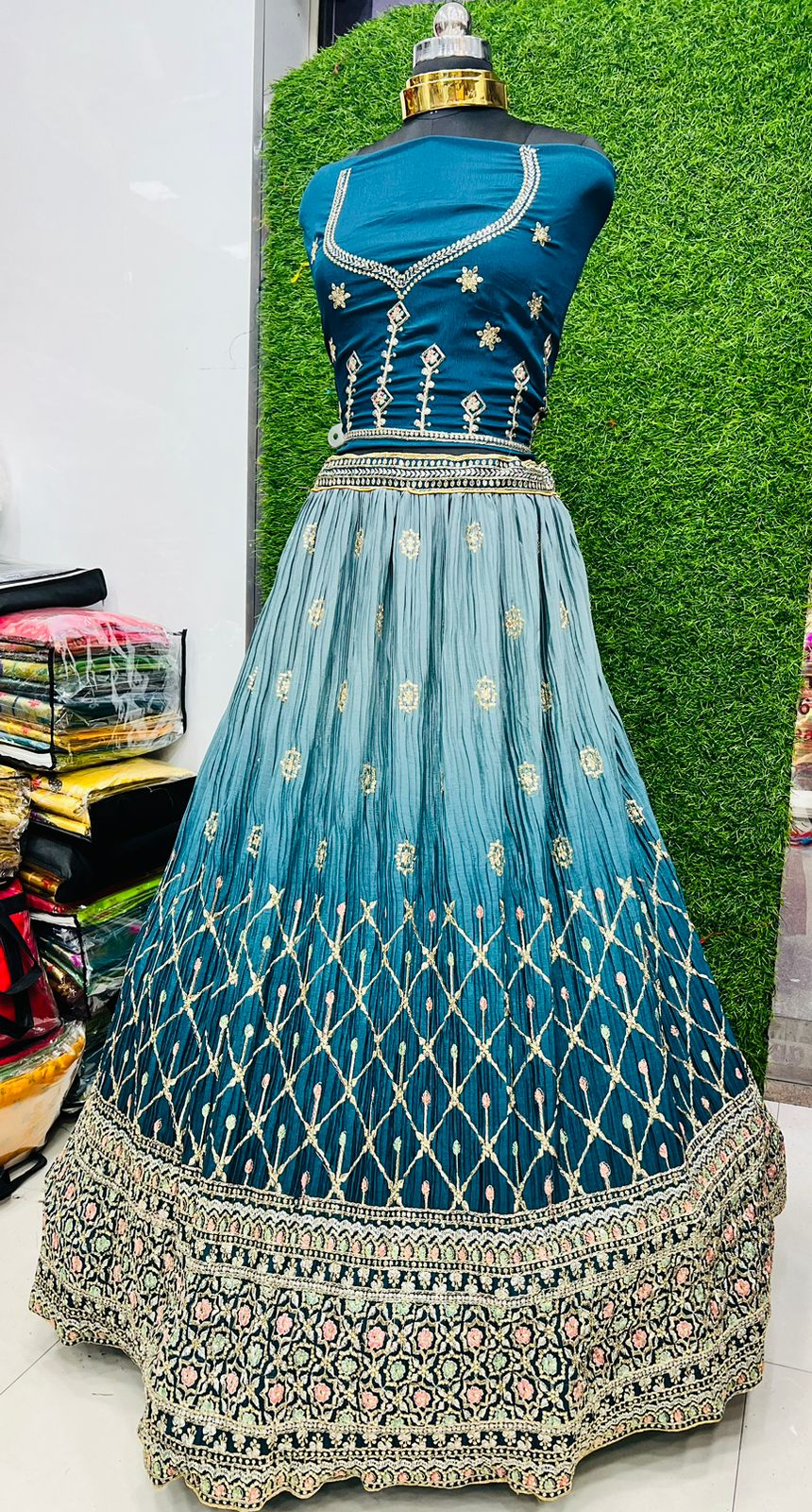 sky blue color embroidery designer semi stiched lehenga for wedding festival