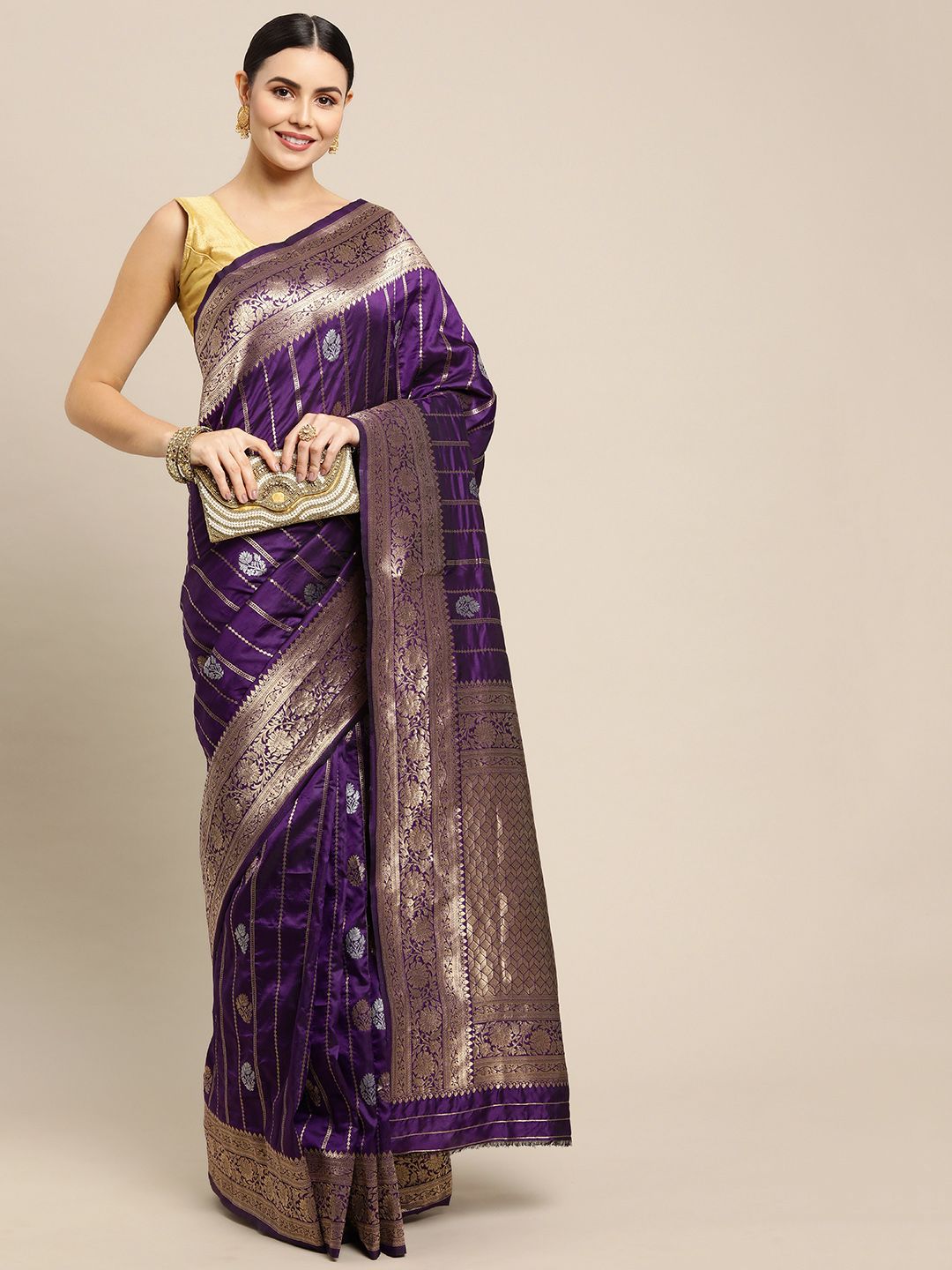 Purple Color Bollywood Banarasi Silk Saree And Silver And Gold Zari Weaving Work