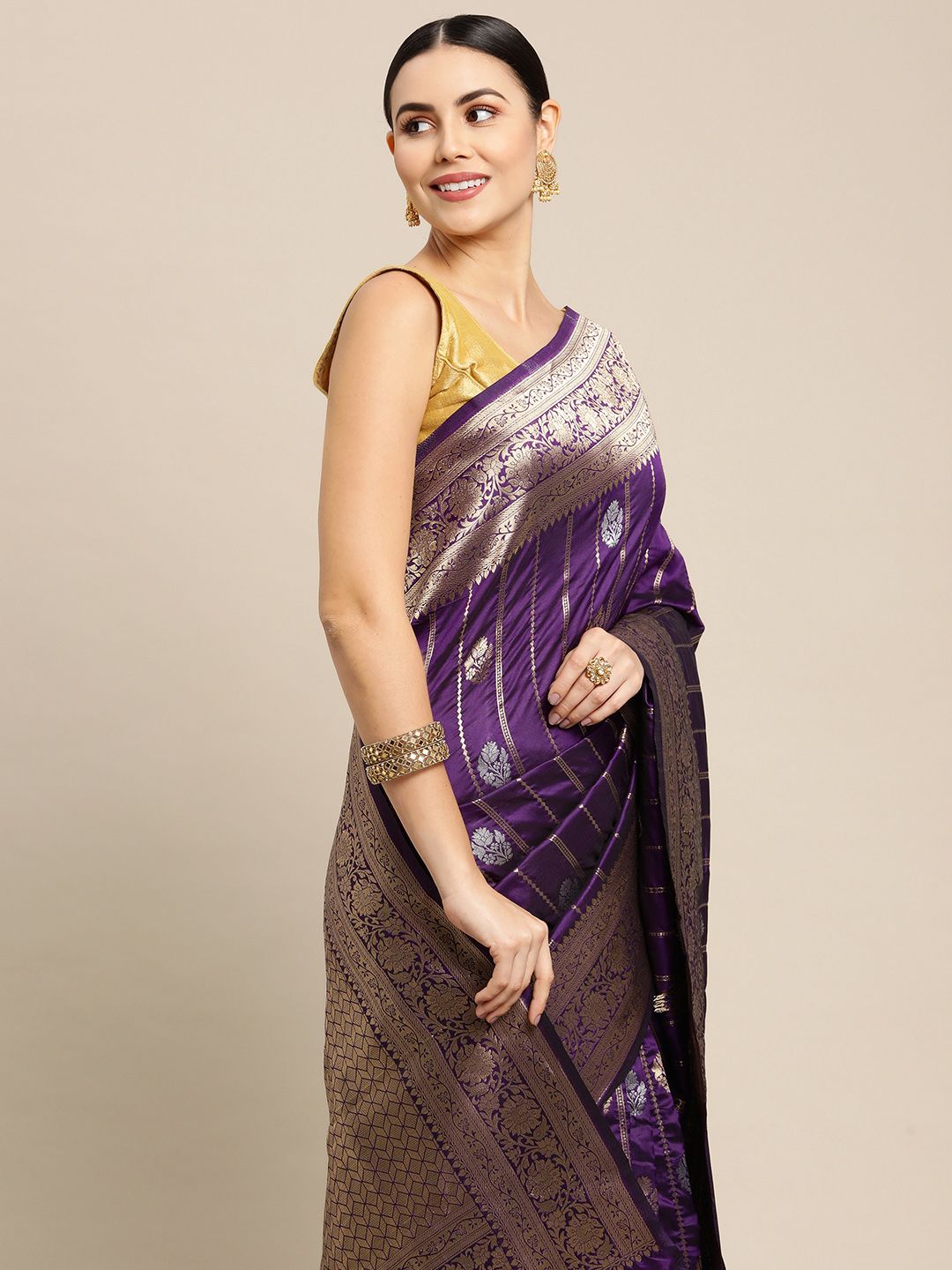 Purple Color Bollywood Banarasi Silk Saree And Silver And Gold Zari Weaving Work