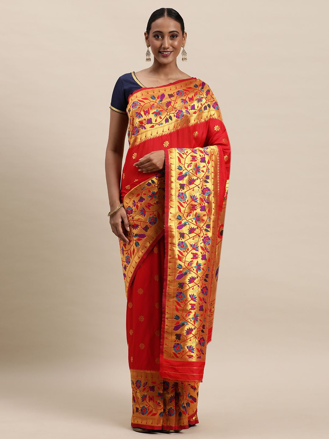 red orignal paithani saree perfect look for wedding fastival