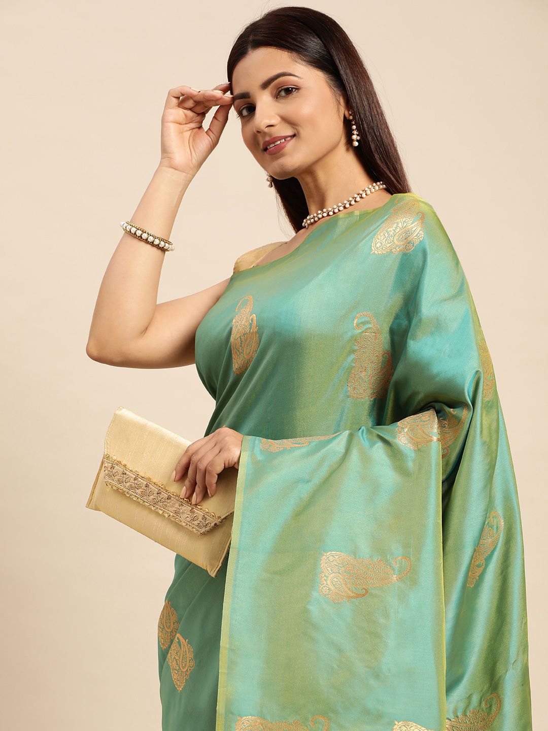 Sea Green color Indian Silk Sarees