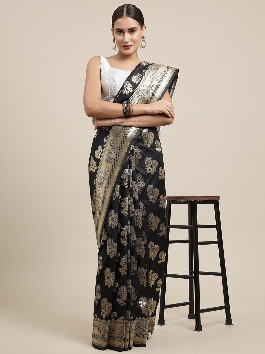 Black Color Latest Bollywood Collection Banarasi Silk Saree Silver And Gold Toned Zari Weaving Work With Blouse