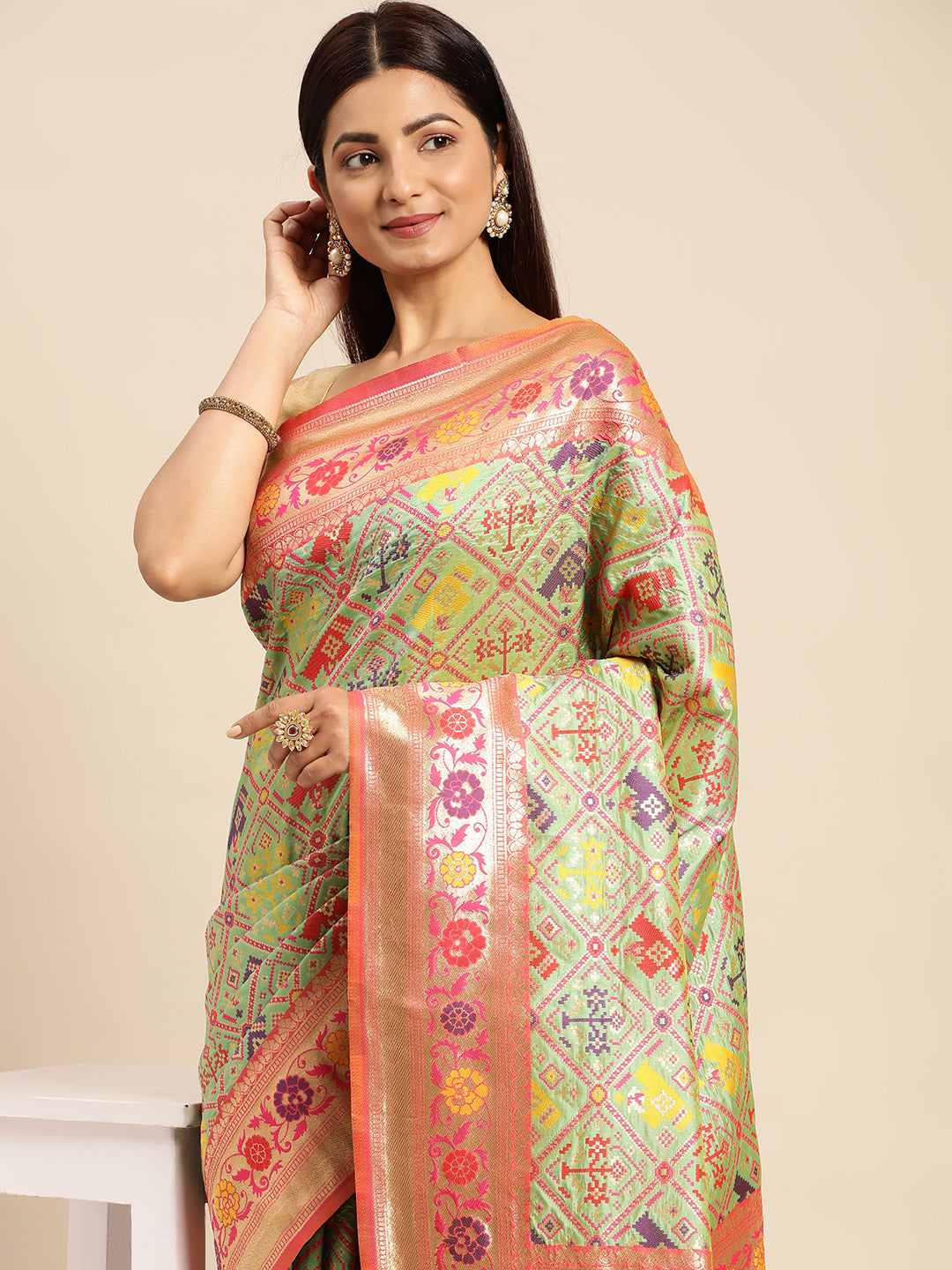 Sea green Color Designer Patola Saree Woven design and Heavy Look Designer Pallu-Special Wedding collection