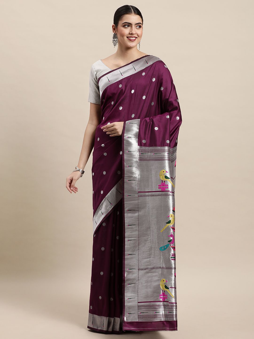 wine color silver zari new paithani saree for woman